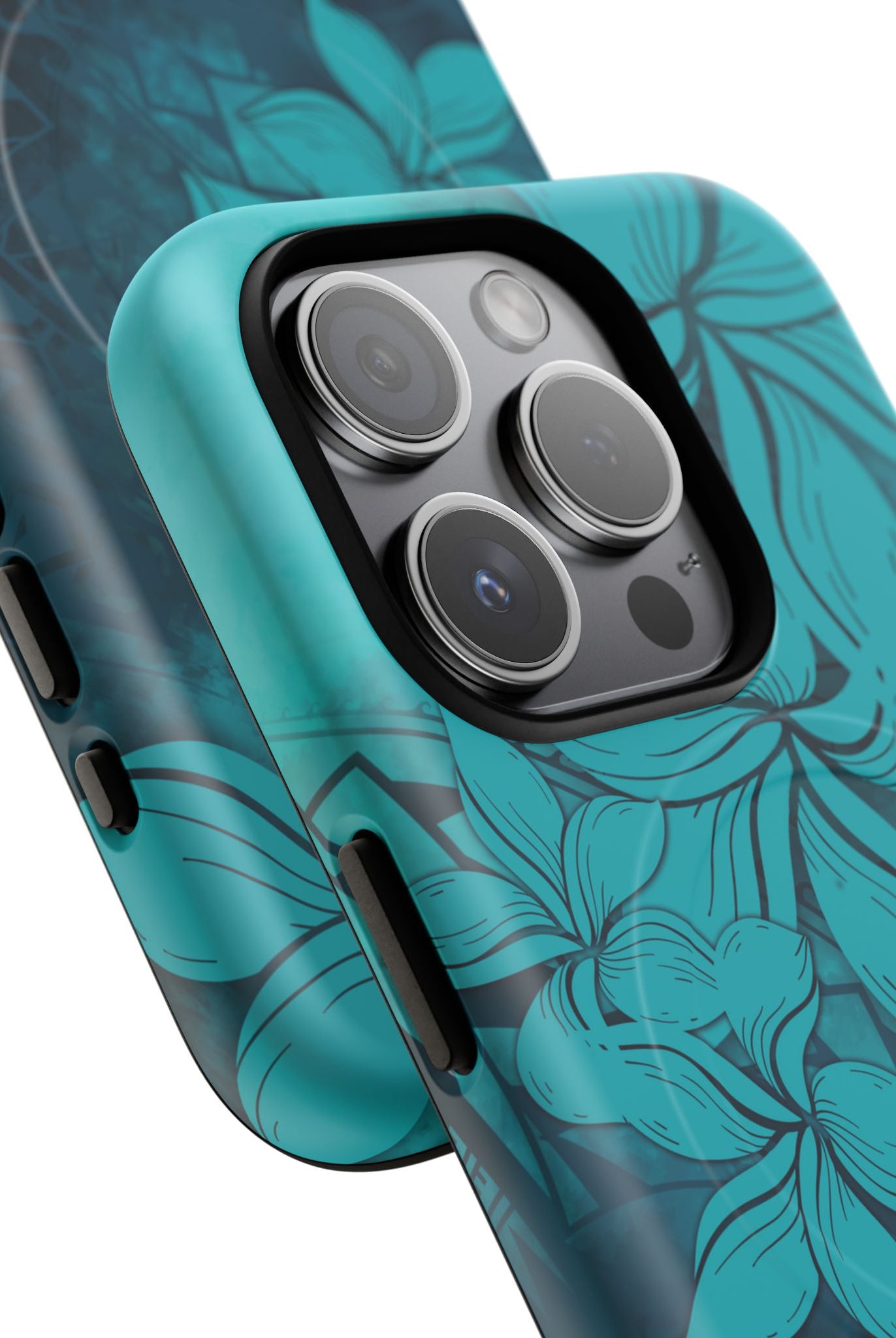 Moana Bloom MagSafe iPhone Case Detail View - Hawaiian Teal Plumeria Ocean Tribal Design Close Up - The Local Banyan