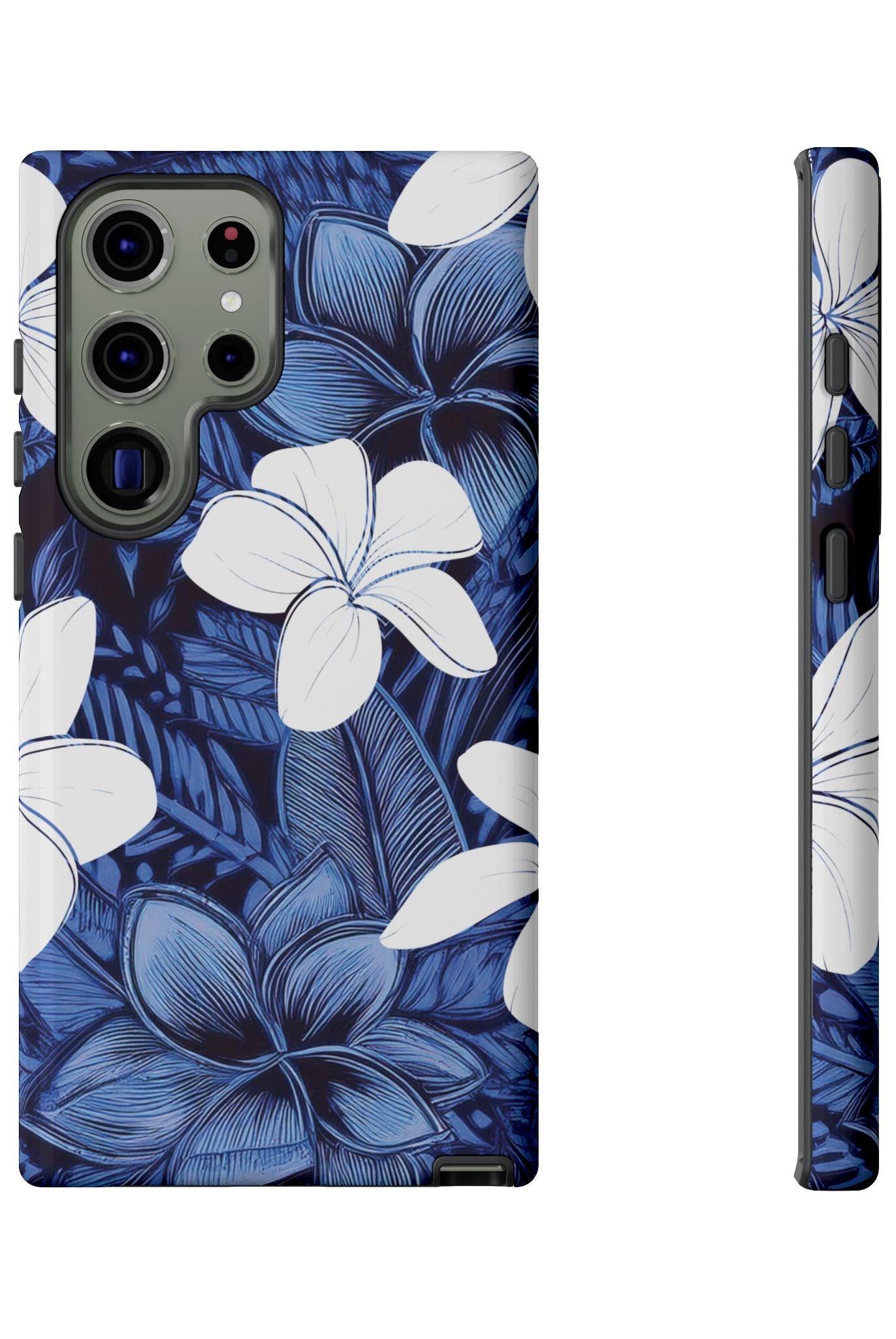 Eternal Blue Plumeria Tough Samsung Galaxy Case Detail View - Hawaiian Blue Plumeria Ocean Floral Design Close Up - The Local Banyan