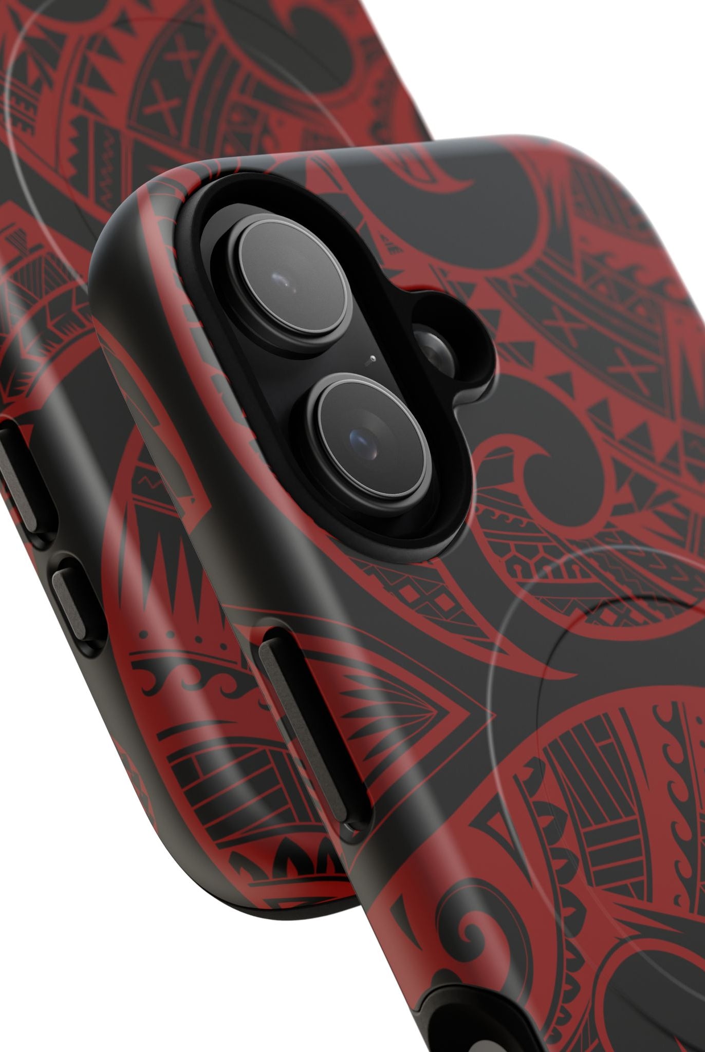 Woman holding Island Tribal MagSafe iPhone Case - Hawaiian Crimson Red Polynesian Tribal Design - The Local Banyan