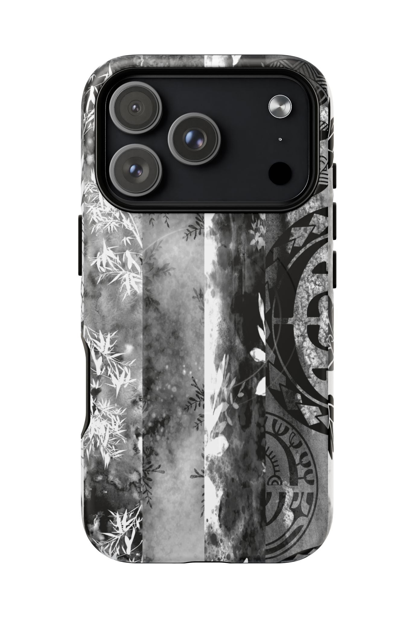 Monochrome Oasis MagSafe iPhone Case Detail View - Hawaiian Black White Botanical Tribal Design Close Up - The Local Banyan