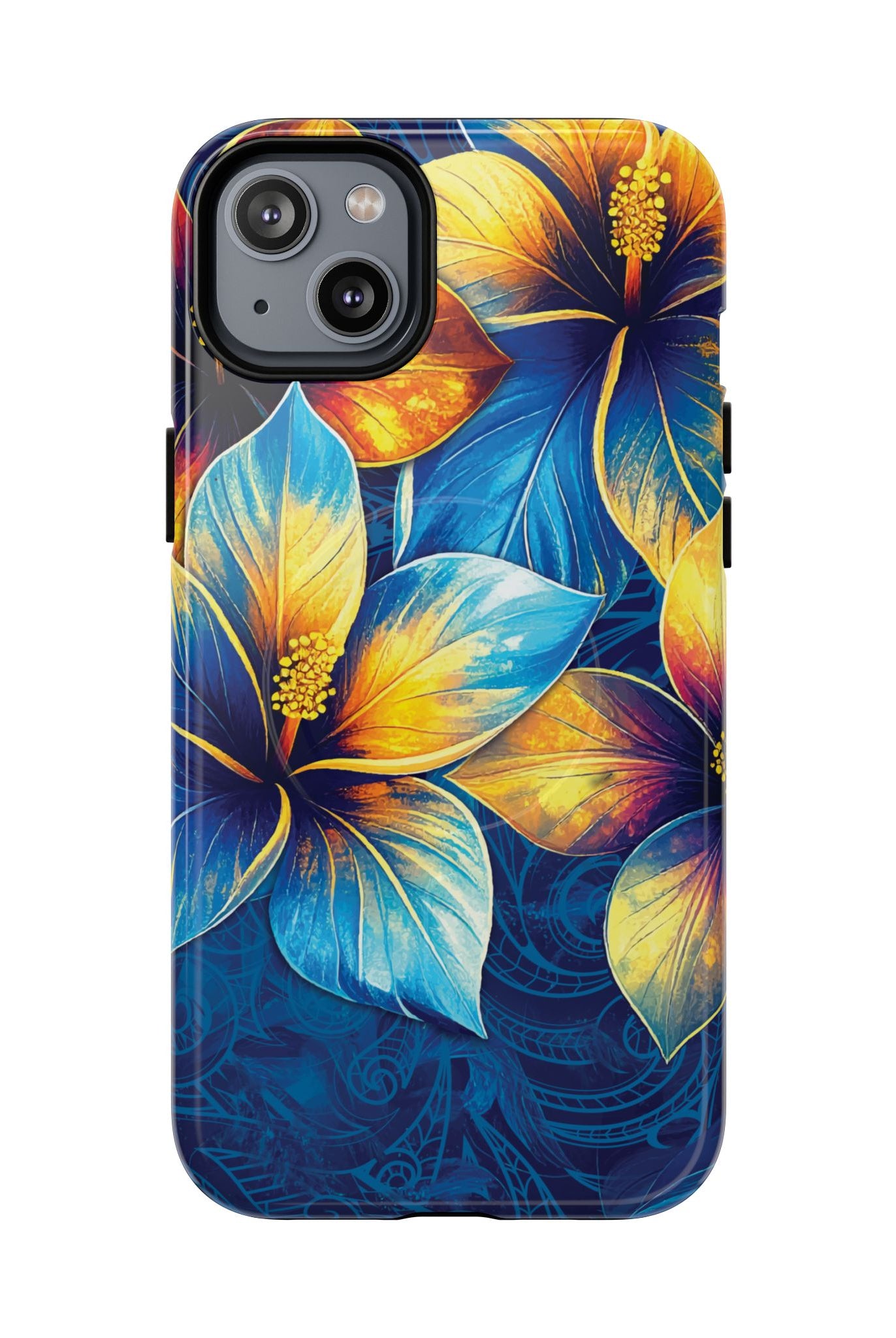 Pua La MagSafe iPhone Case iPhone 14 Plus Glossy - Hawaiian Golden Hibiscus Sun Flower Sapphire Design - The Local Banyan