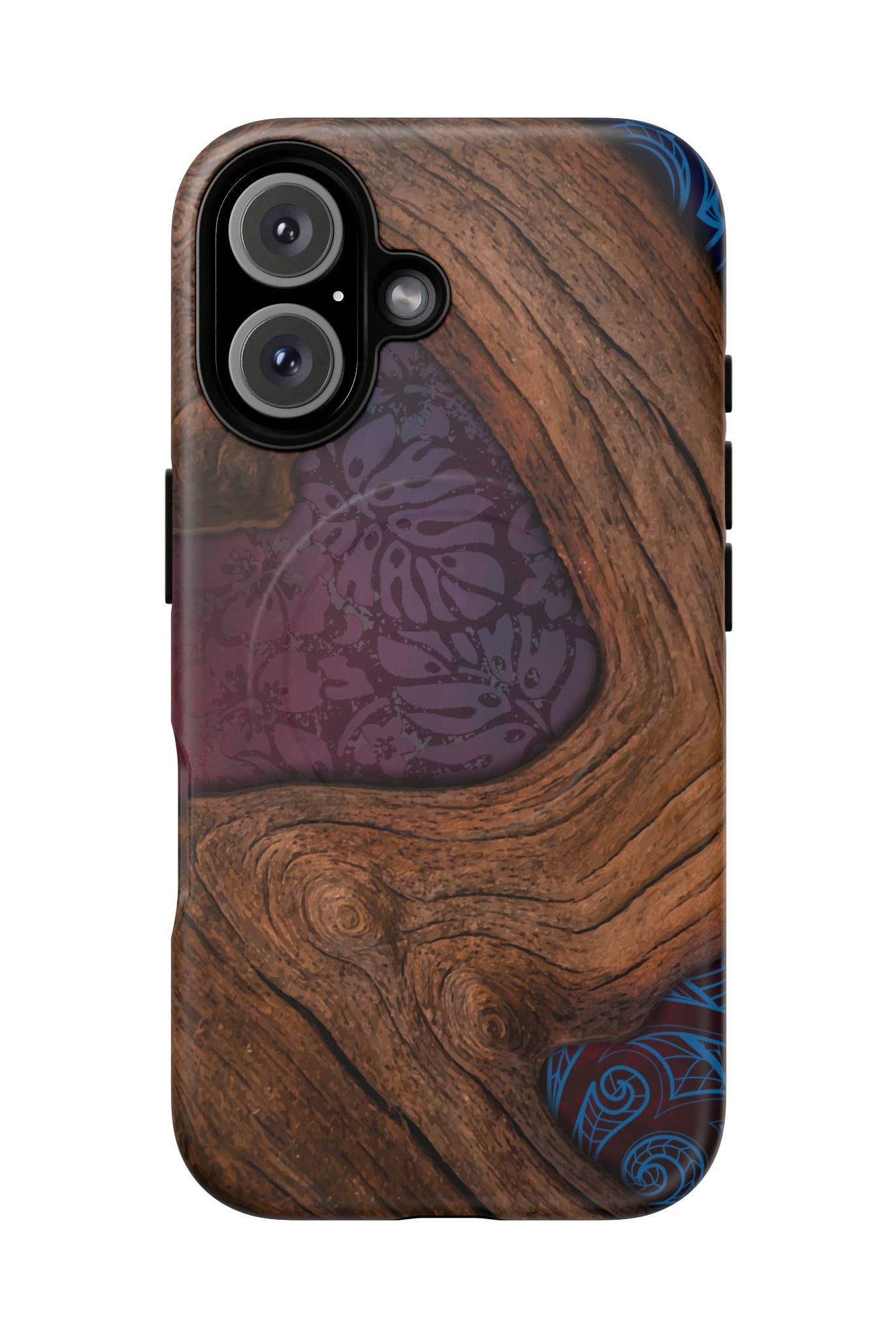 Rooted MagSafe iPhone Case Detail View - Hawaiian Koa Wood Island Strength Tribal Design Close Up - The Local Banyan