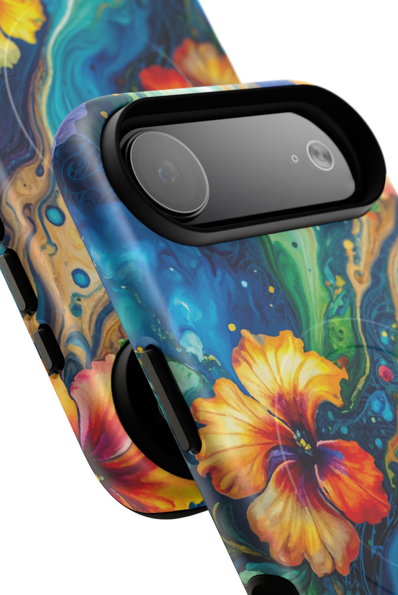 Aloalo Drift MagSafe iPhone Case Detail View - Hawaiian Hibiscus Teal Ocean Wave Design Close Up - The Local Banyan