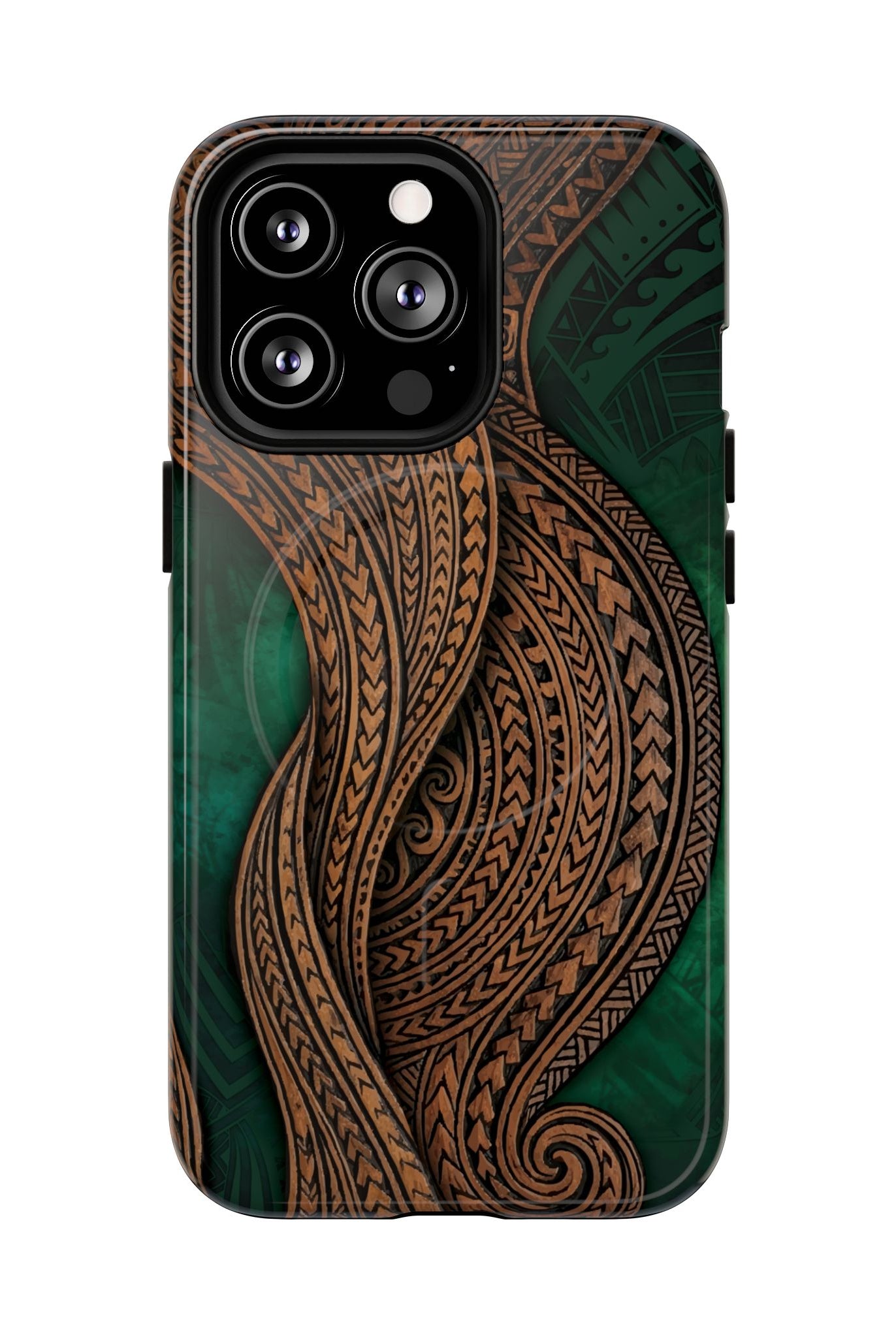 Woman holding Island Kalai MagSafe iPhone Case - Hawaiian Carved Wood Grain Emerald Green Tribal Design - The Local Banyan