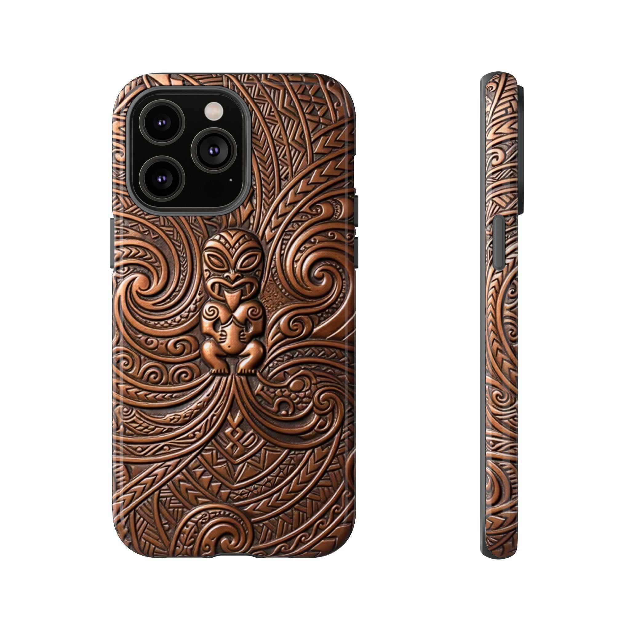 Paa Guardian Tough iPhone Case Detail View - Hawaiian Copper Carved Tiki Polynesian Design Close Up - The Local Banyan
