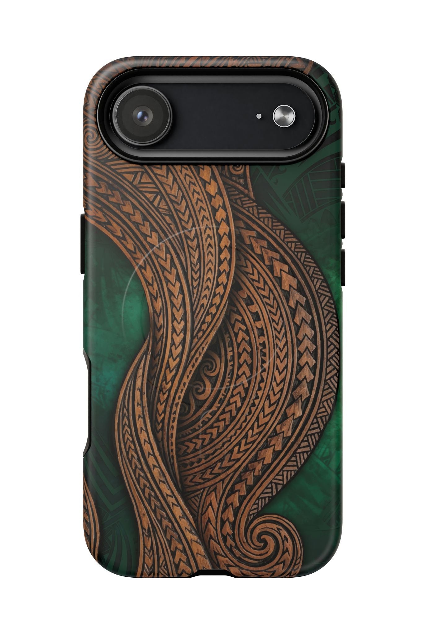 Island Kalai MagSafe iPhone Case Detail View - Hawaiian Carved Wood Grain Emerald Green Tribal Design Close Up - The Local Banyan