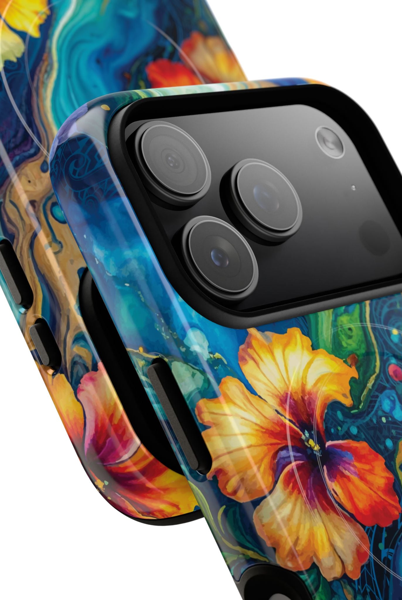 Woman holding Aloalo Drift MagSafe iPhone Case - Hawaiian Hibiscus Teal Ocean Wave Design - The Local Banyan