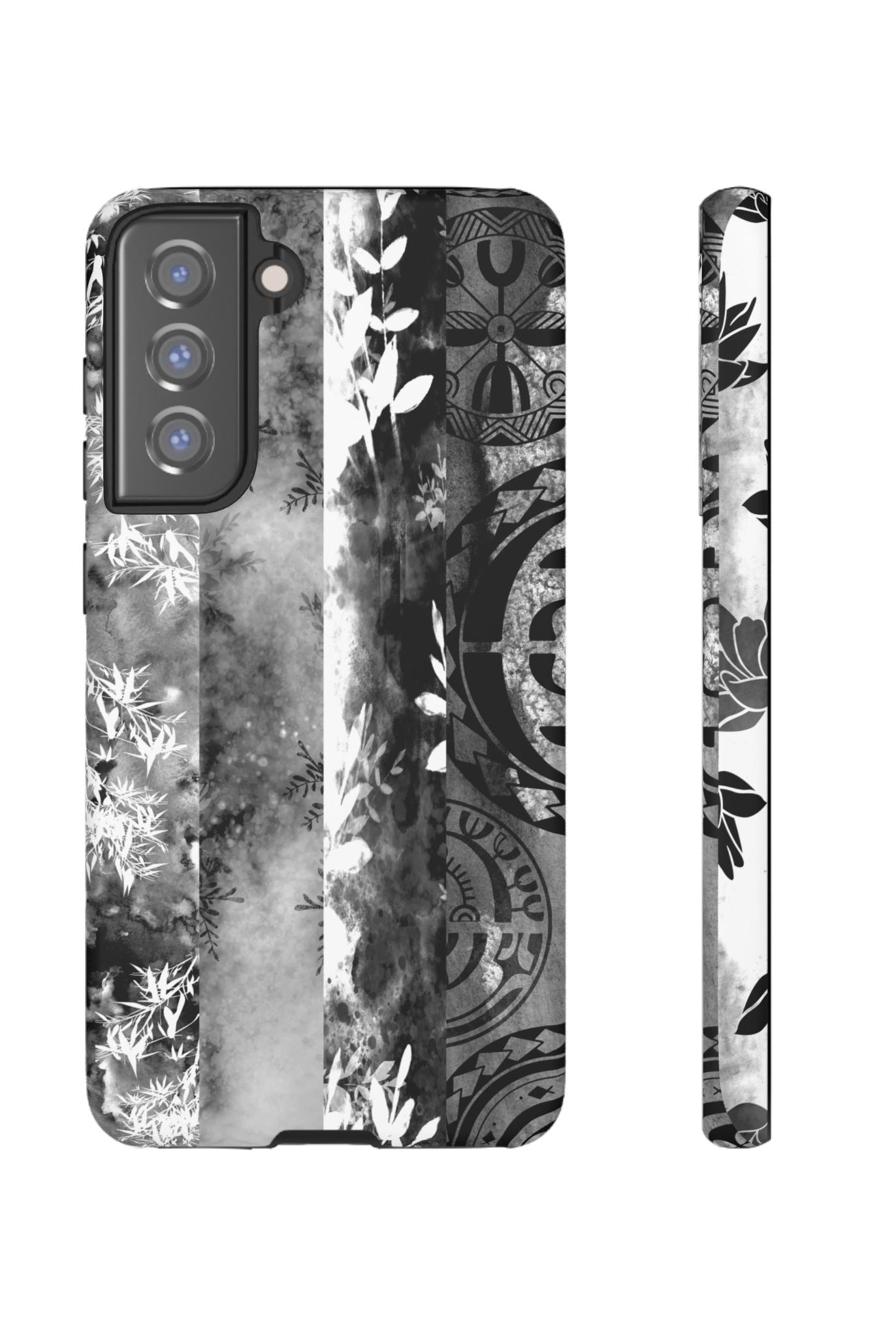 Monochrome Oasis Tough Samsung Galaxy Case Samsung Galaxy S21 FE Matte - Hawaiian Black White Botanical Tribal Design - The Local Banyan