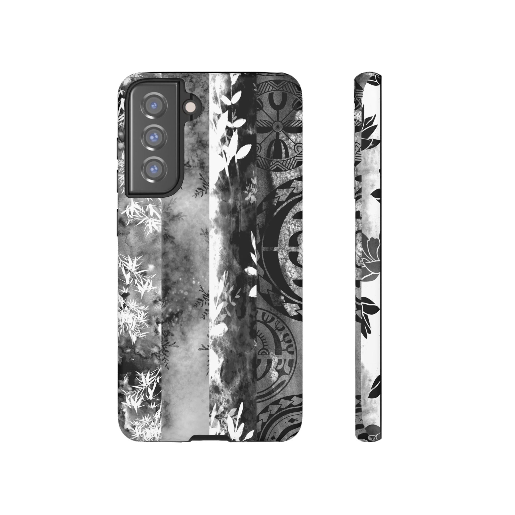 Monochrome Oasis Tough Samsung Galaxy Case Samsung Galaxy S21 FE Matte - Hawaiian Black White Botanical Tribal Design - The Local Banyan