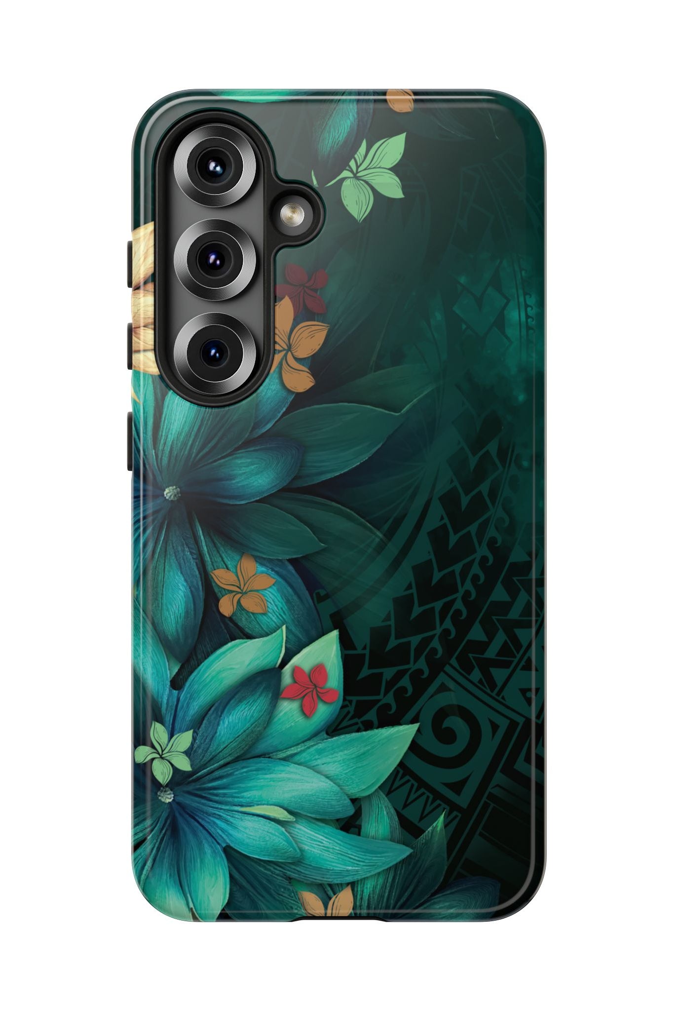 Woman holding Aloha Whispers Tough Samsung Galaxy Case - Hawaiian Abstract Green Floral Polynesian Design - The Local Banyan