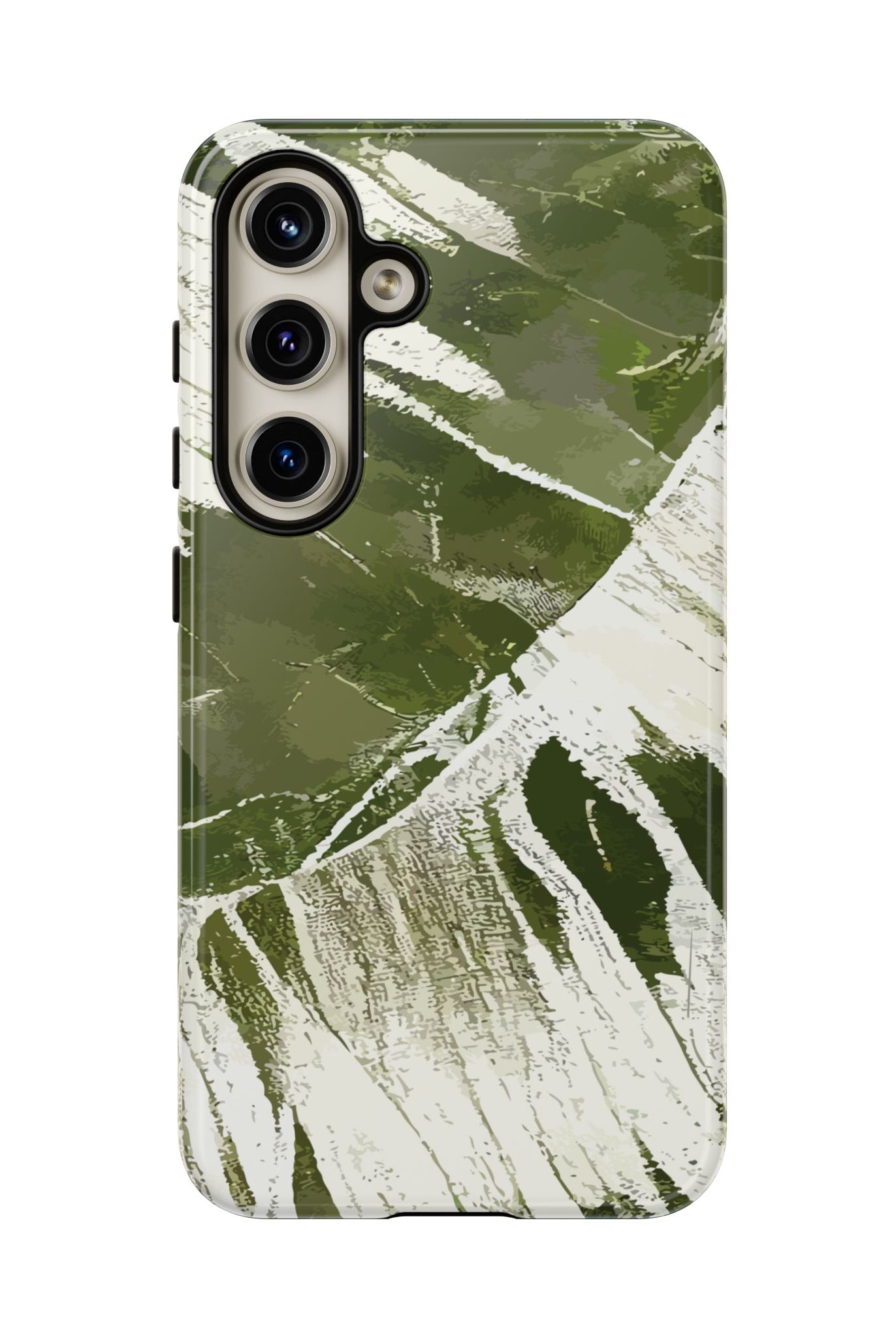 Woman holding Island Breeze Tough Samsung Galaxy Case - Hawaiian Palm Leaf Olive Green Botanical Design - The Local Banyan