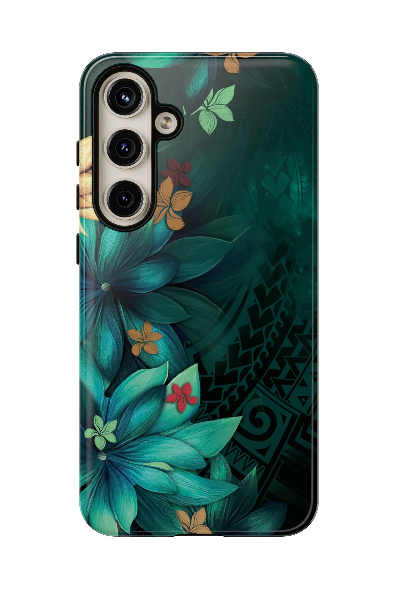 Aloha Whispers Tough Samsung Galaxy Case Detail View - Hawaiian Abstract Green Floral Polynesian Design Close Up - The Local Banyan