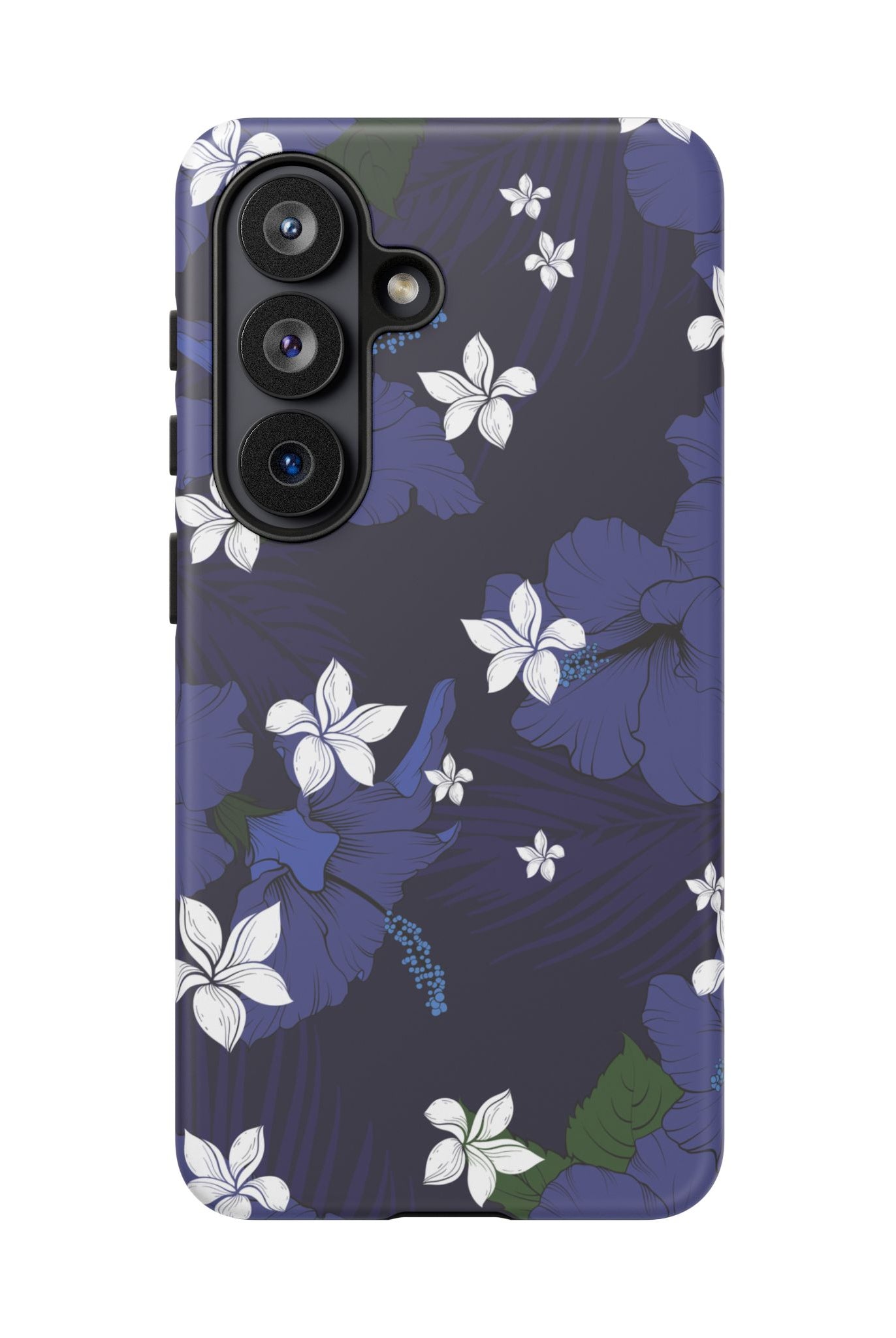 Woman holding Vintage Blue Tough Samsung Galaxy Case - Hawaiian Indigo Hibiscus White Plumeria Design - The Local Banyan