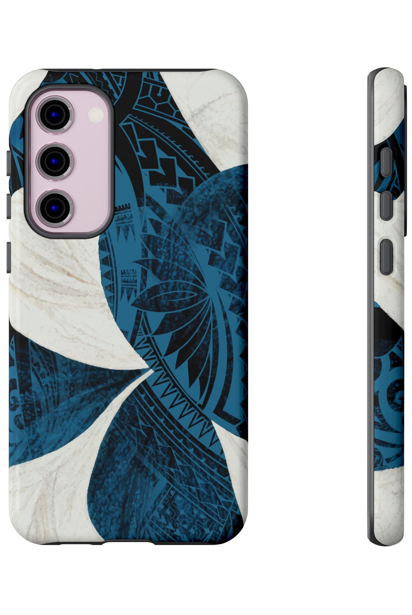 Hana Breeze Tough Samsung Galaxy Case Detail View - Hawaiian Blue Plumeria Polynesian Botanical Design Close Up - The Local Banyan