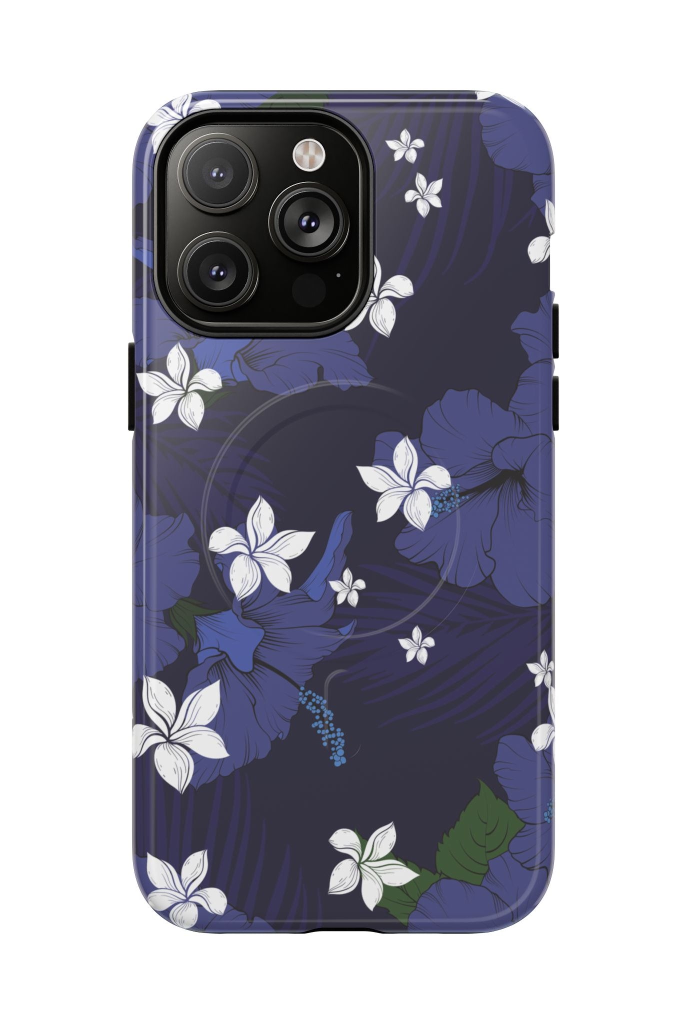 Vintage Blue MagSafe iPhone Case iPhone 14 Pro Max Glossy - Hawaiian Indigo Hibiscus White Plumeria Design - The Local Banyan
