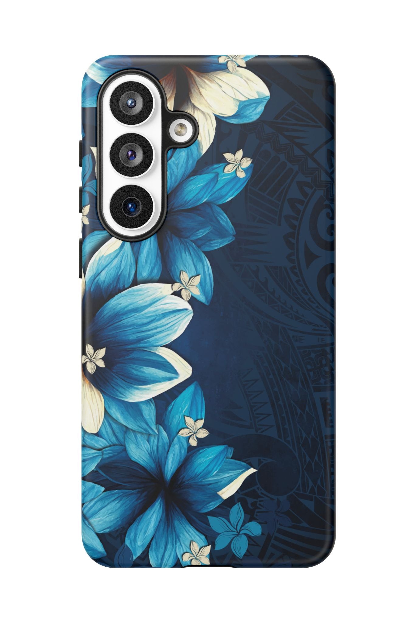 Woman holding Leilani Nights Tough Samsung Galaxy Case - Hawaiian Dark Blue Floral Polynesian Design - The Local Banyan