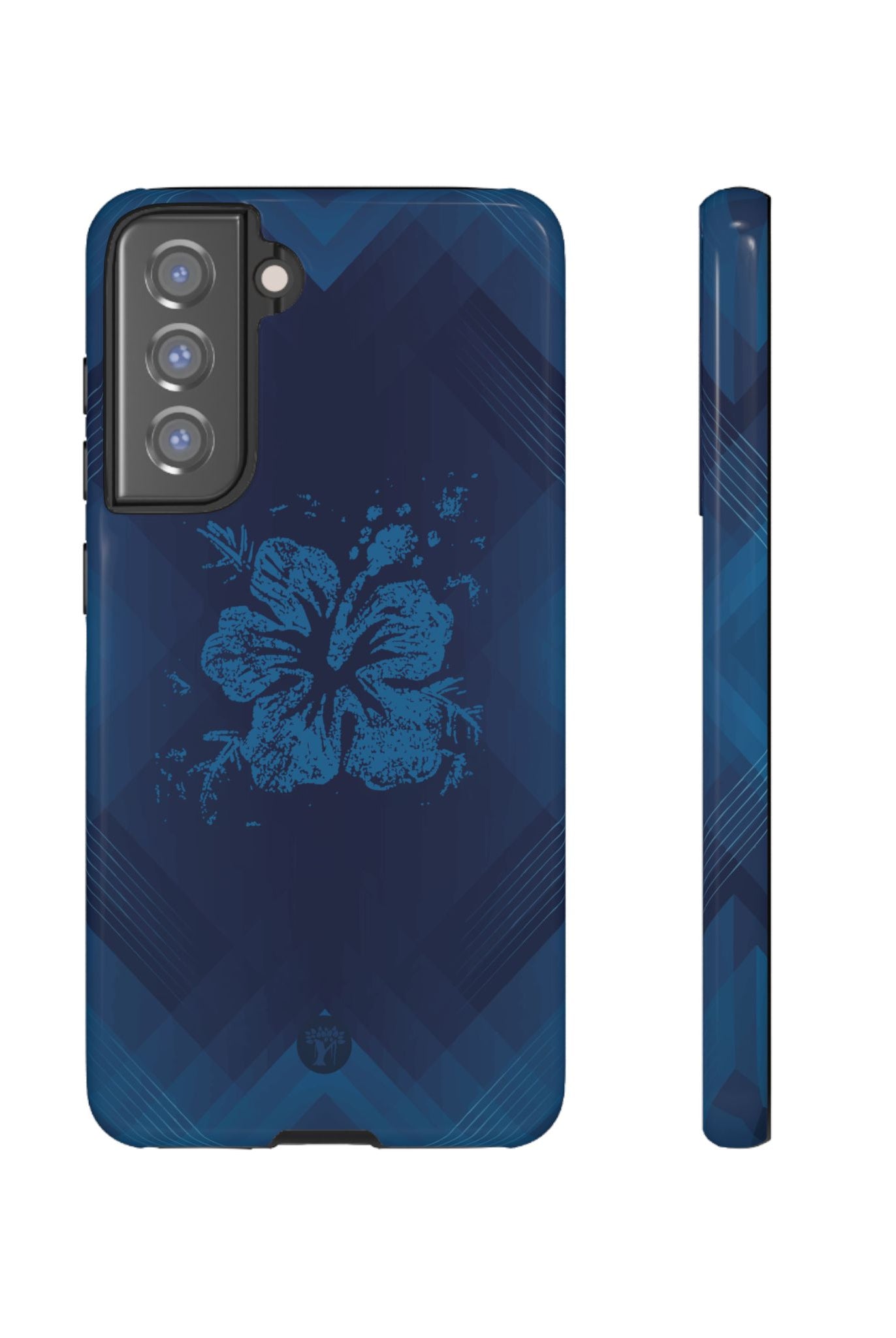 Kikokiko Lehua Tough Samsung Galaxy Case Samsung Galaxy S21 FE Glossy - Hawaiian Navy Blue Geometric Hibiscus Design - The Local Banyan