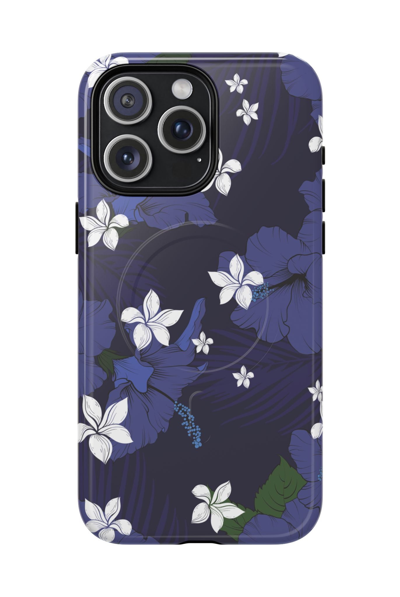 Vintage Blue MagSafe iPhone Case iPhone 15 Pro Max Glossy - Hawaiian Indigo Hibiscus White Plumeria Design - The Local Banyan