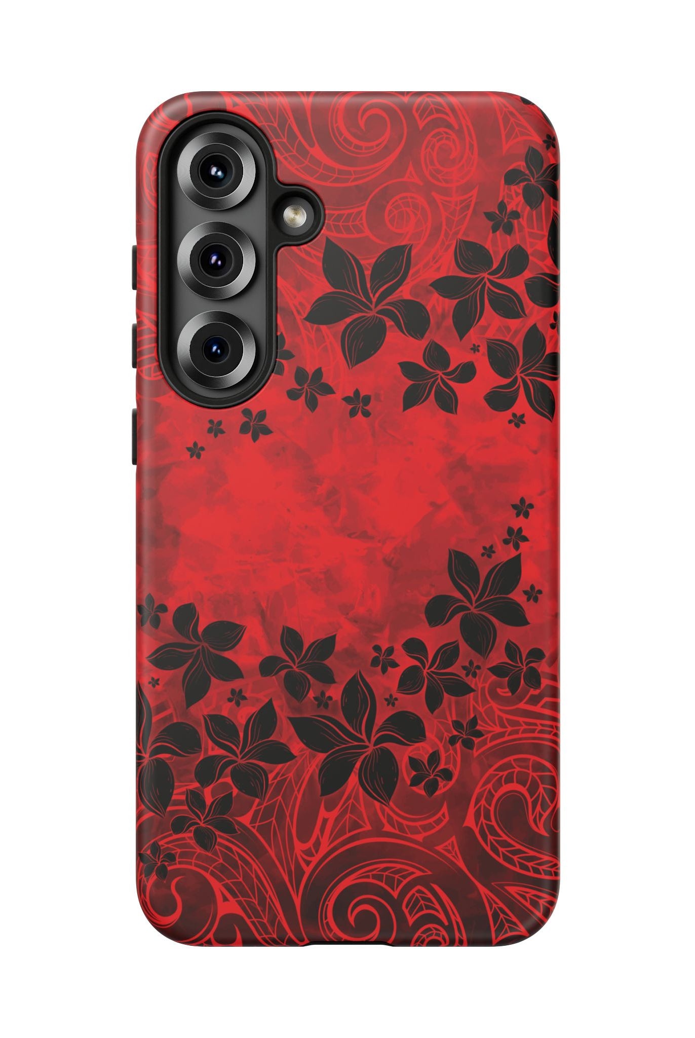 Woman holding Keahi Pua Tough Samsung Galaxy Case - Hawaiian Fire Flower Red Tribal Floral Design - The Local Banyan