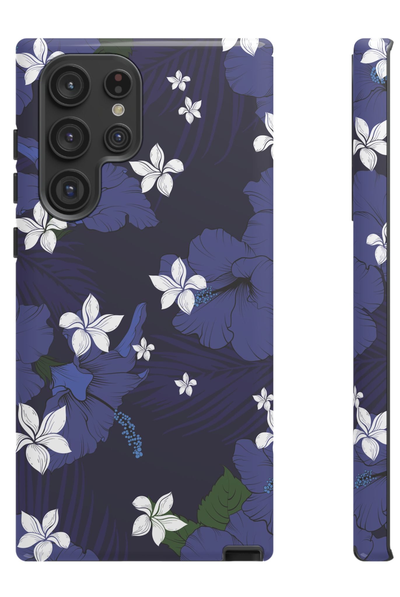 Vintage Blue Tough Samsung Galaxy Case Samsung Galaxy S22 Ultra Glossy - Hawaiian Indigo Hibiscus White Plumeria Design - The Local Banyan