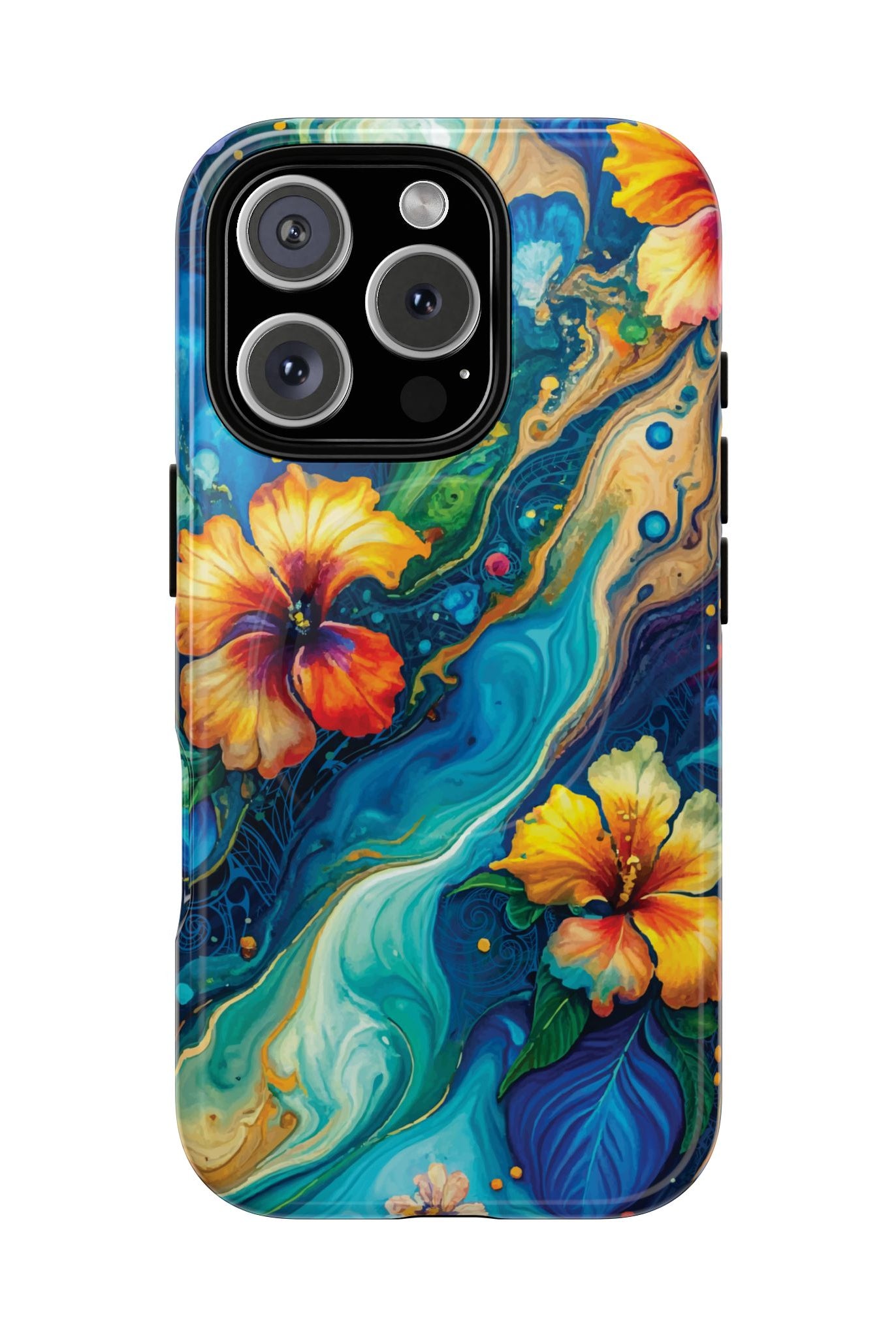 Aloalo Drift MagSafe iPhone Case iPhone 16 Pro Glossy - Hawaiian Hibiscus Teal Ocean Wave Design - The Local Banyan