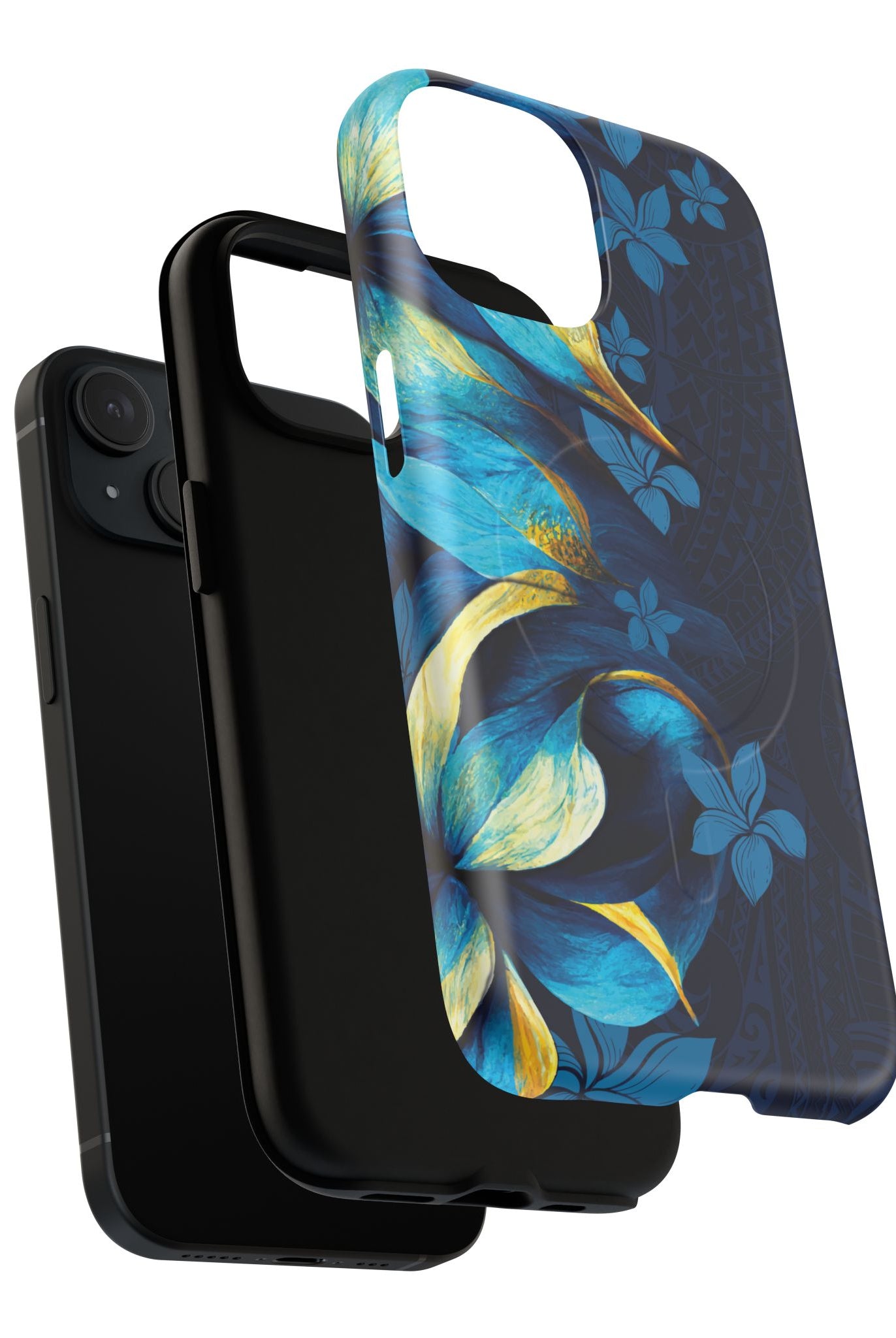 Po Mahina MagSafe iPhone Case Detail View - Hawaiian Moonlit Teal Gold Floral Design Close Up - The Local Banyan