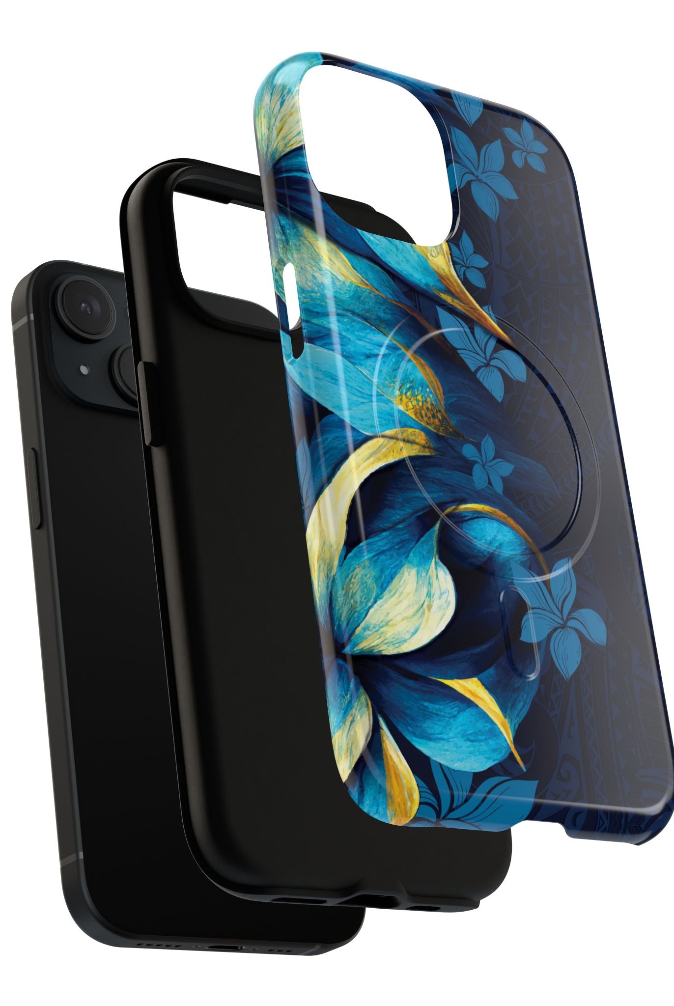 Woman holding Po Mahina MagSafe iPhone Case - Hawaiian Moonlit Teal Gold Floral Design - The Local Banyan