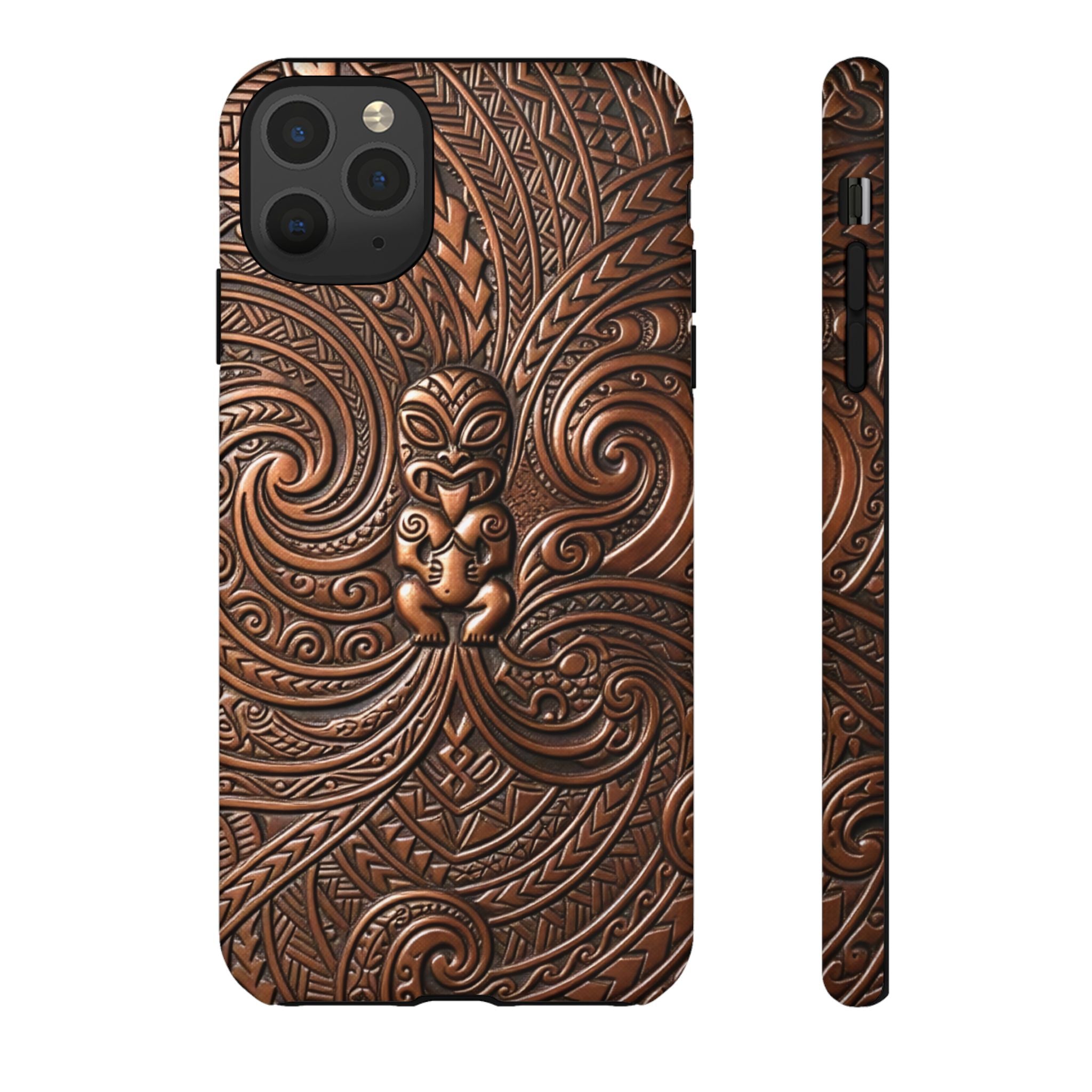 Woman holding Paa Guardian Tough iPhone Case - Hawaiian Copper Carved Tiki Polynesian Design - The Local Banyan