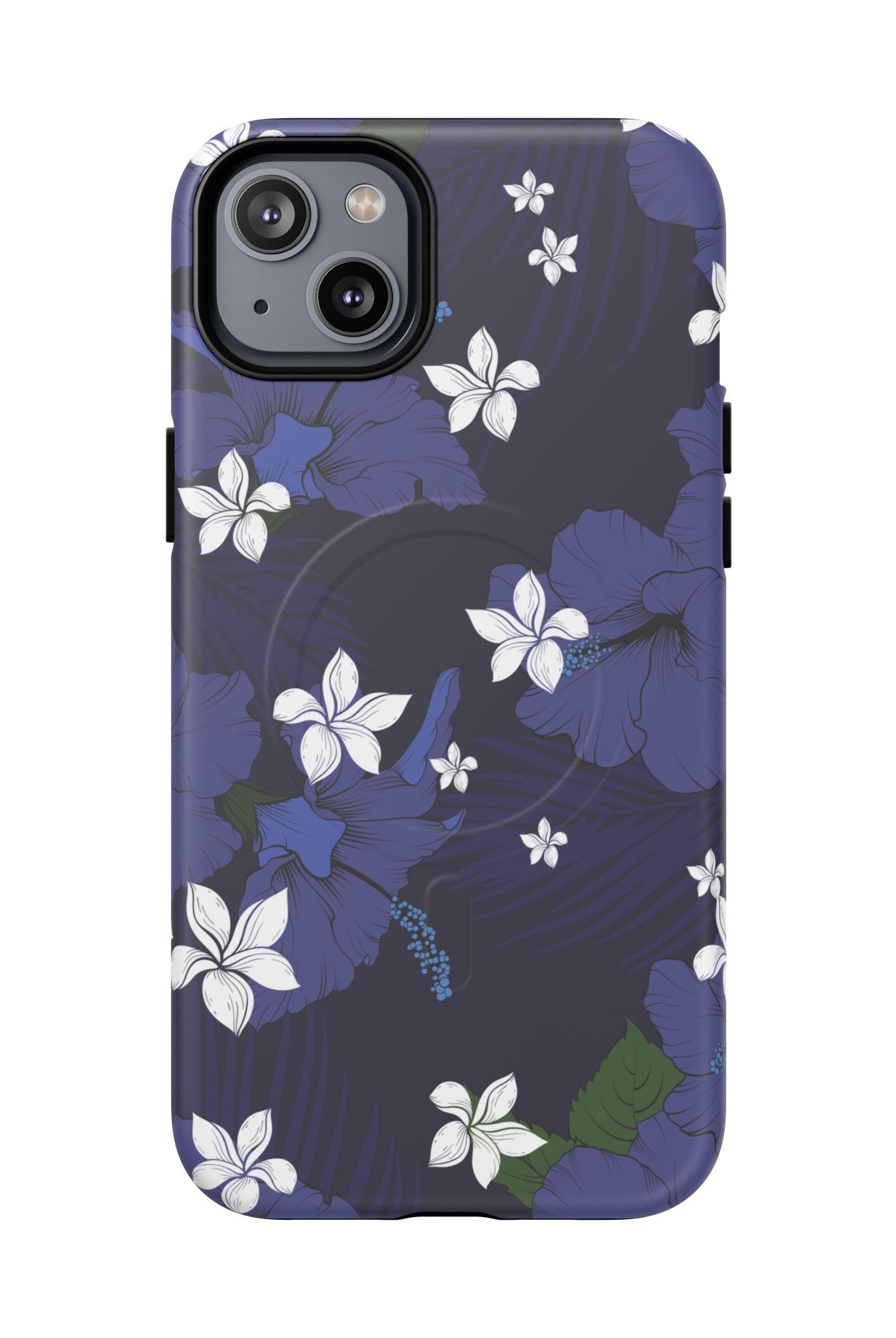 Vintage Blue MagSafe iPhone Case iPhone 14 Plus Matte - Hawaiian Indigo Hibiscus White Plumeria Design - The Local Banyan