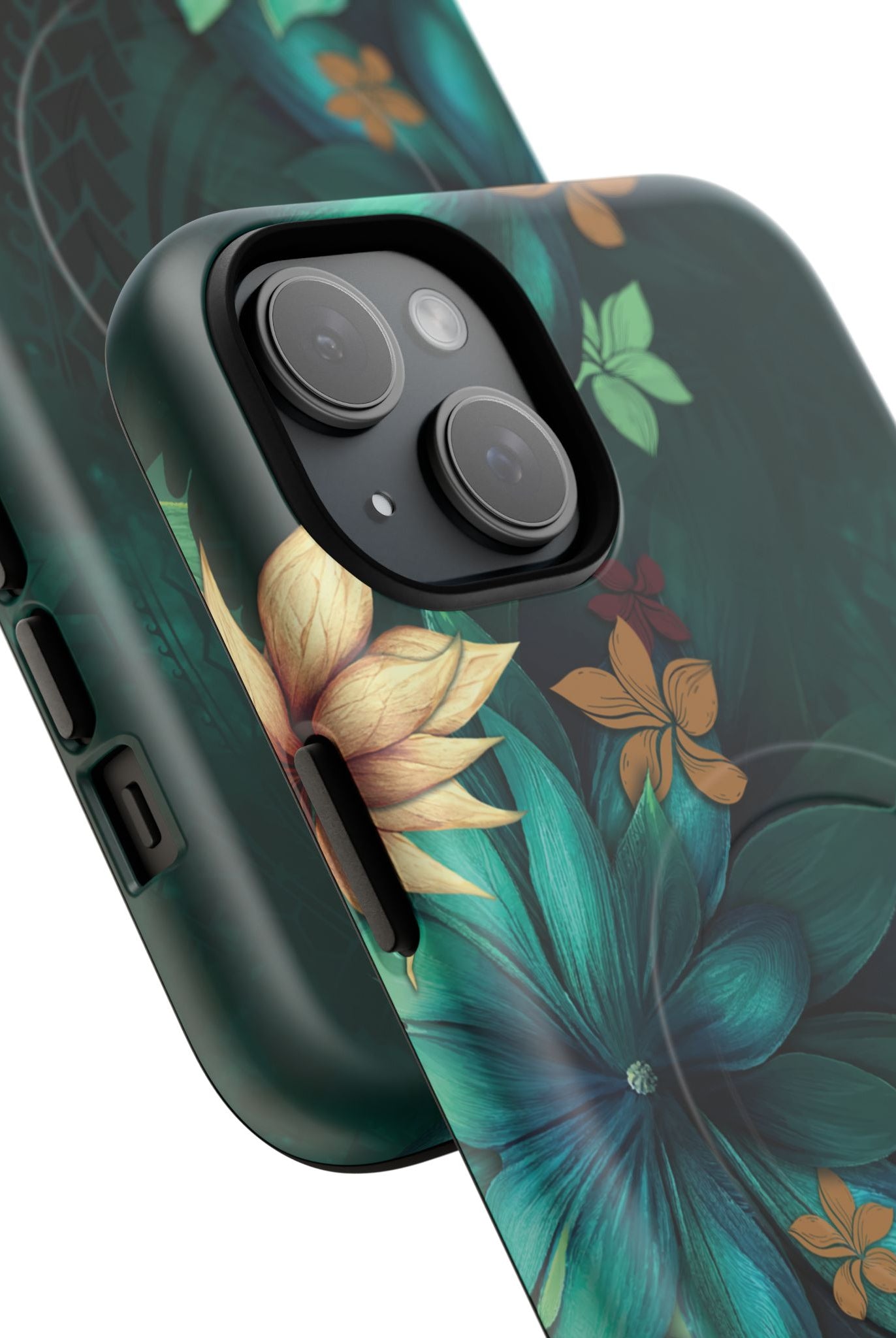 Aloha Whispers MagSafe iPhone Case Detail View - Hawaiian Abstract Green Floral Polynesian Design Close Up - The Local Banyan