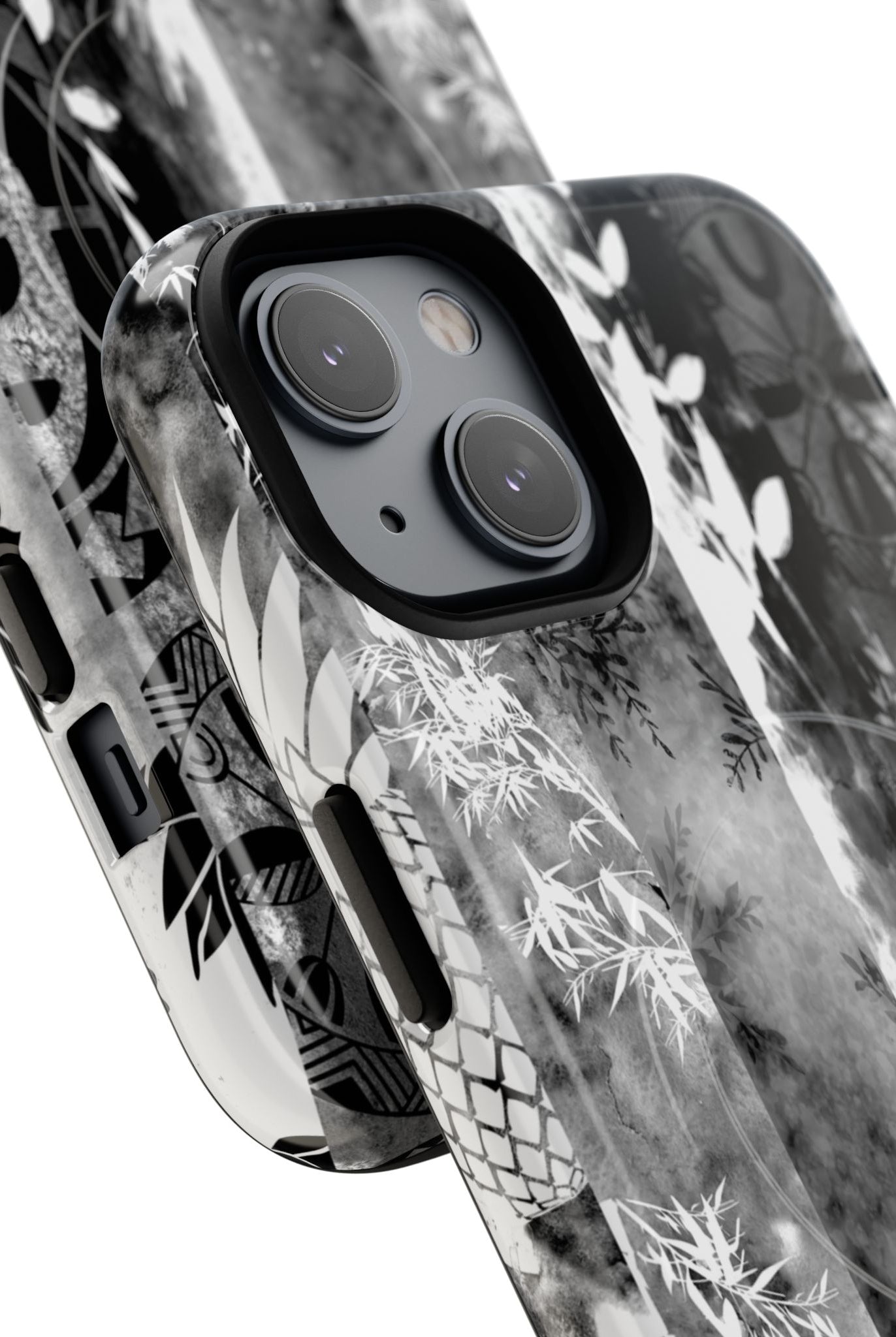 Woman holding Monochrome Oasis MagSafe iPhone Case - Hawaiian Black White Botanical Tribal Design - The Local Banyan