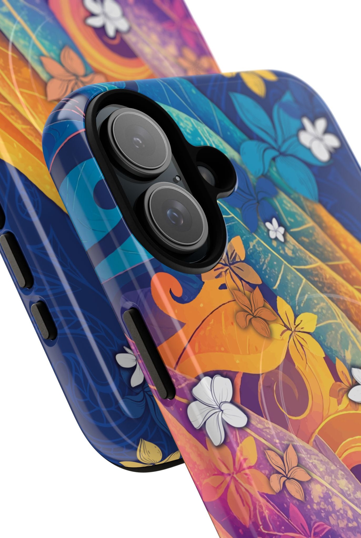 Mauna Sunrise MagSafe iPhone Case Detail View - Hawaiian Colorful Sunrise Plumeria Design Close Up - The Local Banyan