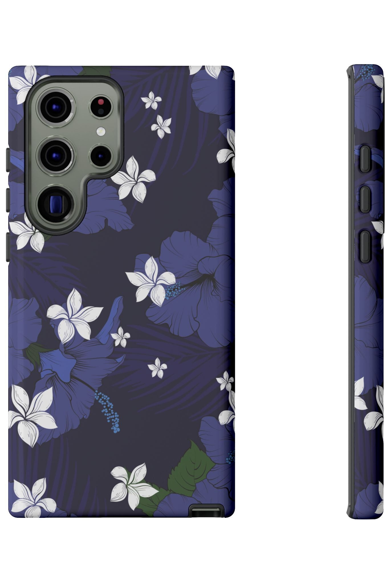 Woman holding Vintage Blue Tough Samsung Galaxy Case - Hawaiian Indigo Hibiscus White Plumeria Design - The Local Banyan