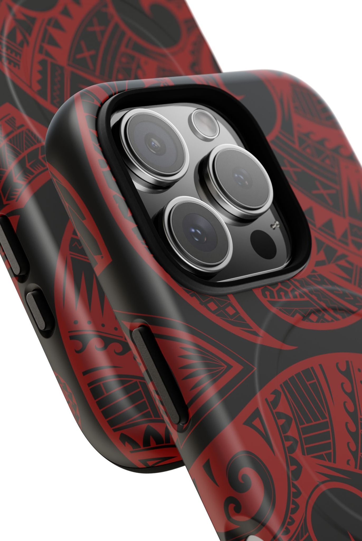 Woman holding Island Tribal MagSafe iPhone Case - Hawaiian Crimson Red Polynesian Tribal Design - The Local Banyan