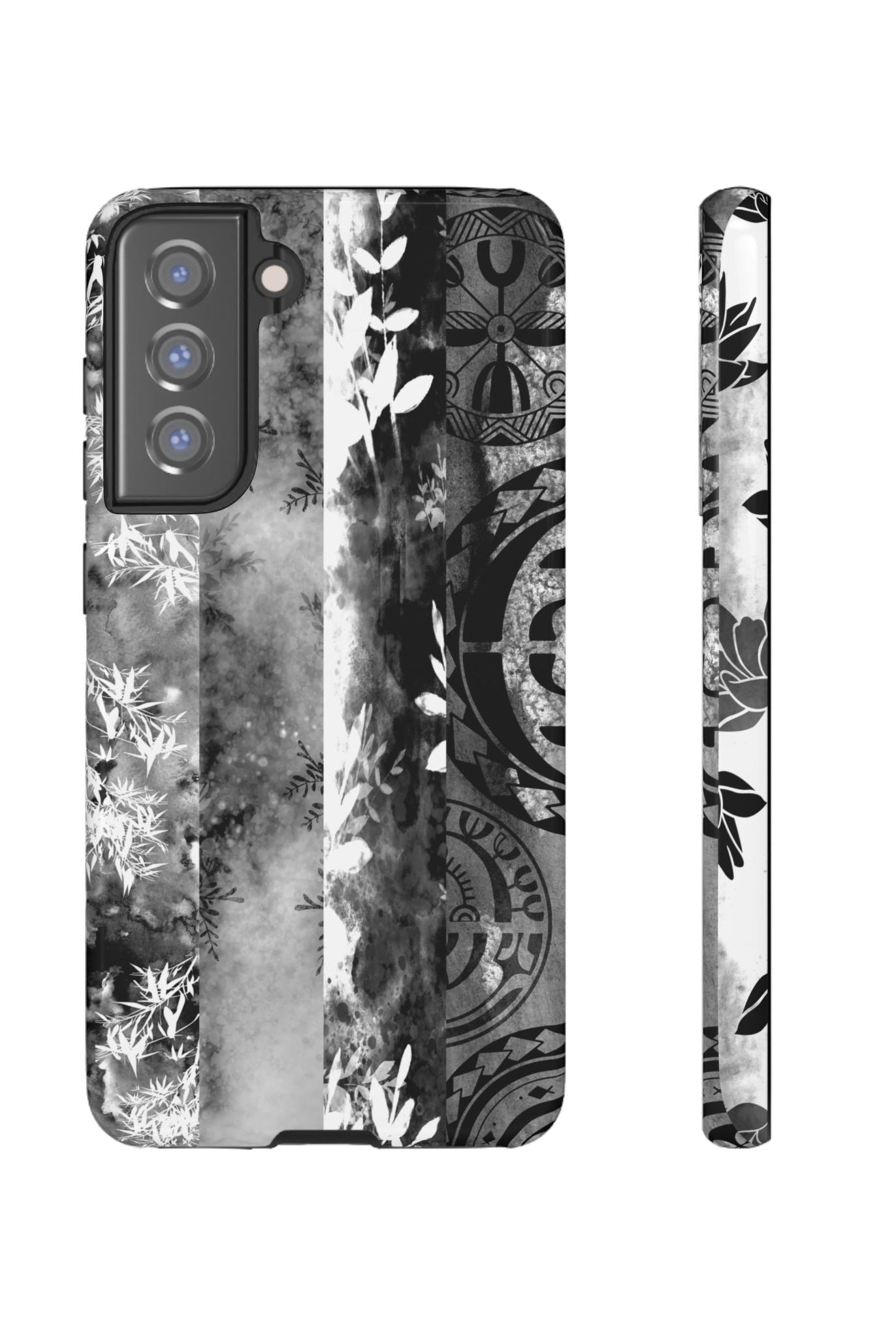 Monochrome Oasis Tough Samsung Galaxy Case Samsung Galaxy S21 FE Glossy - Hawaiian Black White Botanical Tribal Design - The Local Banyan