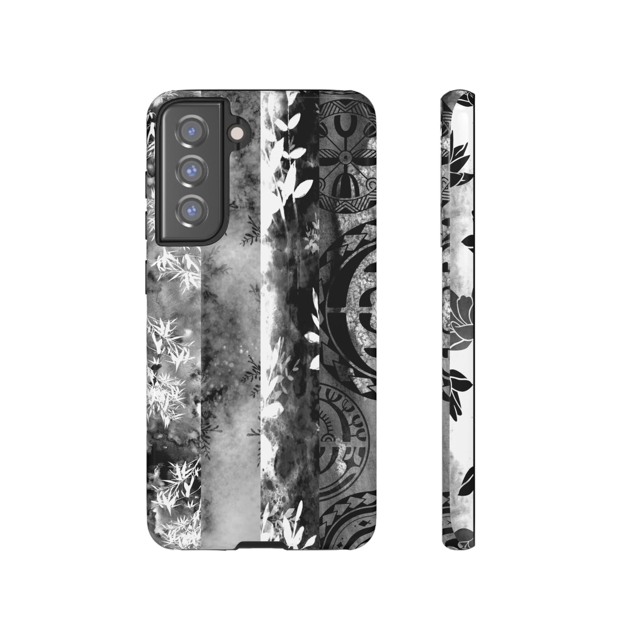 Monochrome Oasis Tough Samsung Galaxy Case Samsung Galaxy S21 FE Glossy - Hawaiian Black White Botanical Tribal Design - The Local Banyan