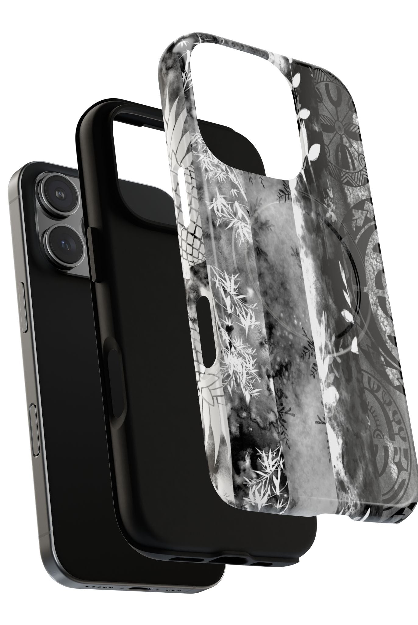 Monochrome Oasis MagSafe iPhone Case Detail View - Hawaiian Black White Botanical Tribal Design Close Up - The Local Banyan
