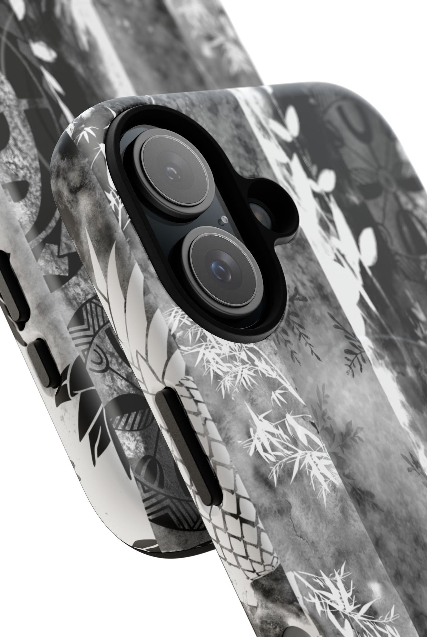 Monochrome Oasis MagSafe iPhone Case Detail View - Hawaiian Black White Botanical Tribal Design Close Up - The Local Banyan