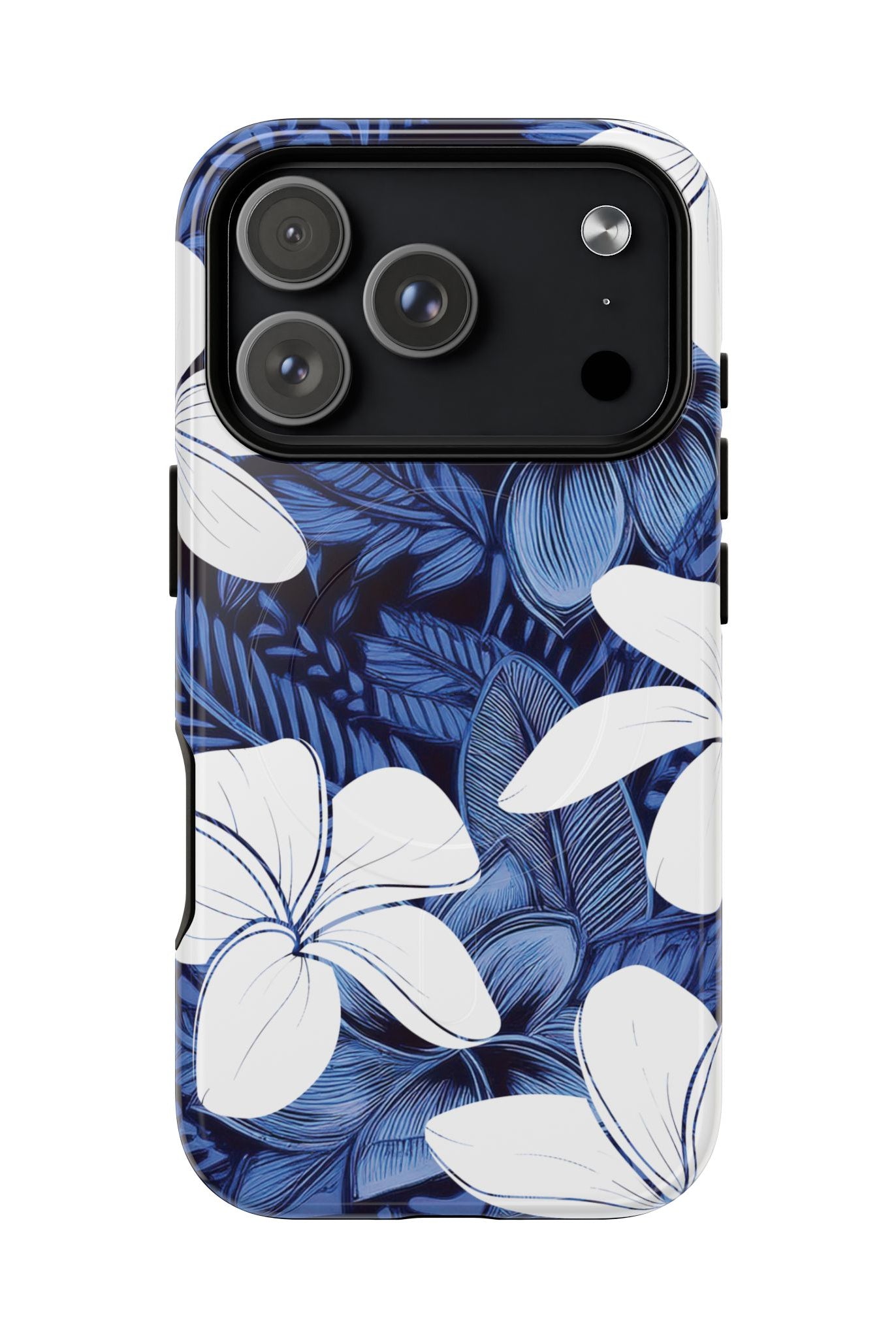Eternal Blue Plumeria MagSafe iPhone Case Side View - Dual Layer Drop Protection Hawaiian Phone Case - The Local Banyan