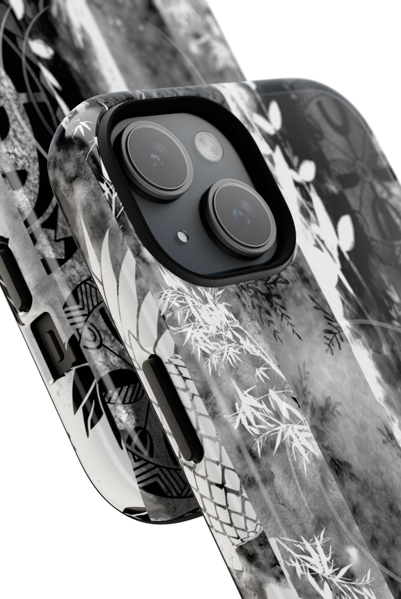 Monochrome Oasis MagSafe iPhone Case Detail View - Hawaiian Black White Botanical Tribal Design Close Up - The Local Banyan