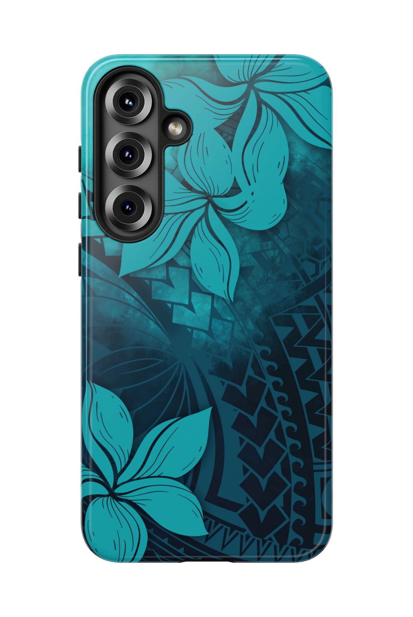 Woman holding Moana Bloom Tough Samsung Galaxy Case - Hawaiian Teal Plumeria Ocean Tribal Design - The Local Banyan