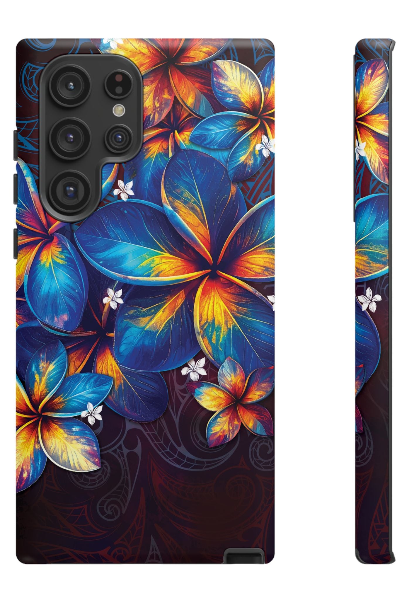 Woman holding Nohea Twilight Tough Samsung Galaxy Case - Hawaiian Blue Orange Plumeria Twilight Design - The Local Banyan