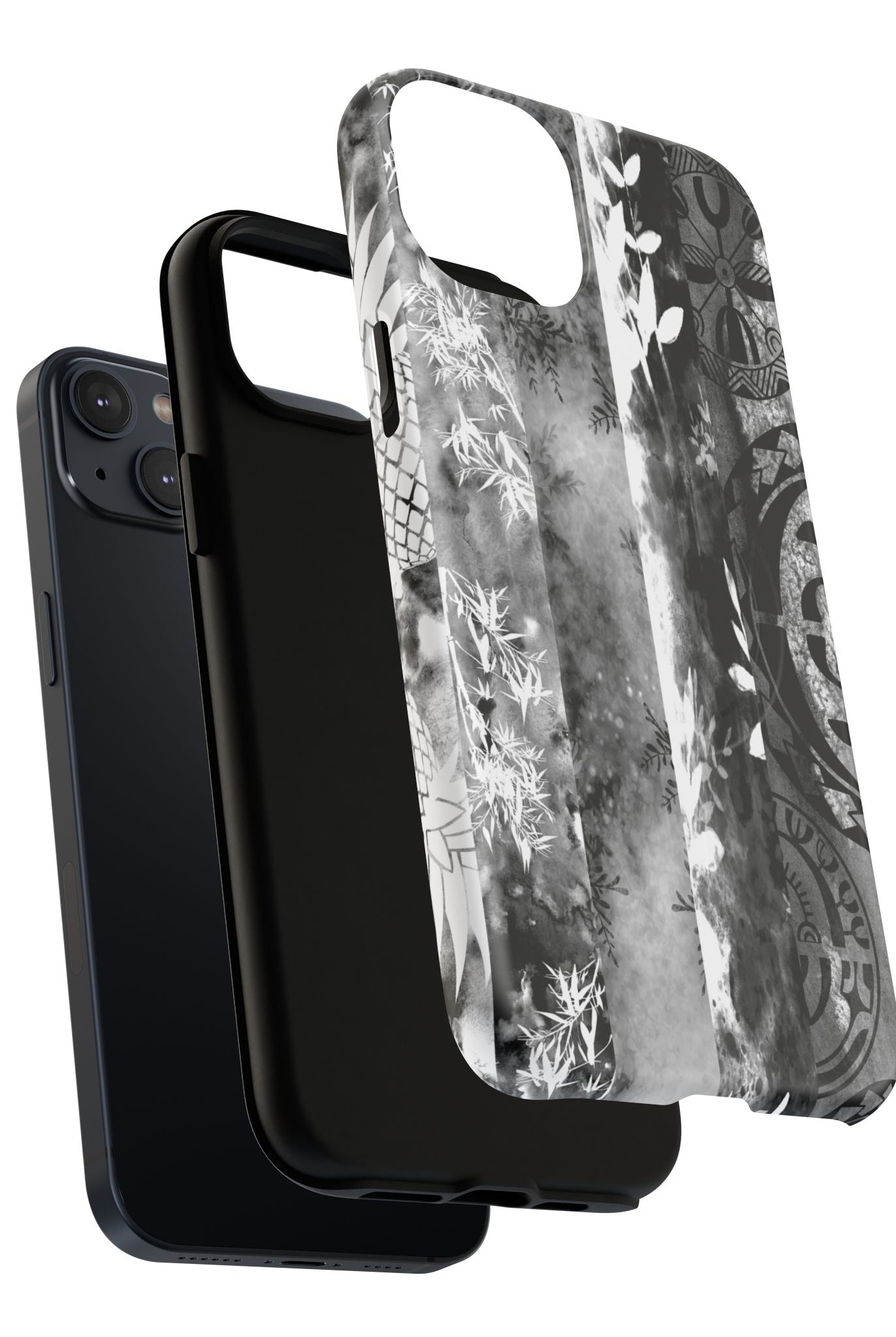 Monochrome Oasis MagSafe iPhone Case Detail View - Hawaiian Black White Botanical Tribal Design Close Up - The Local Banyan