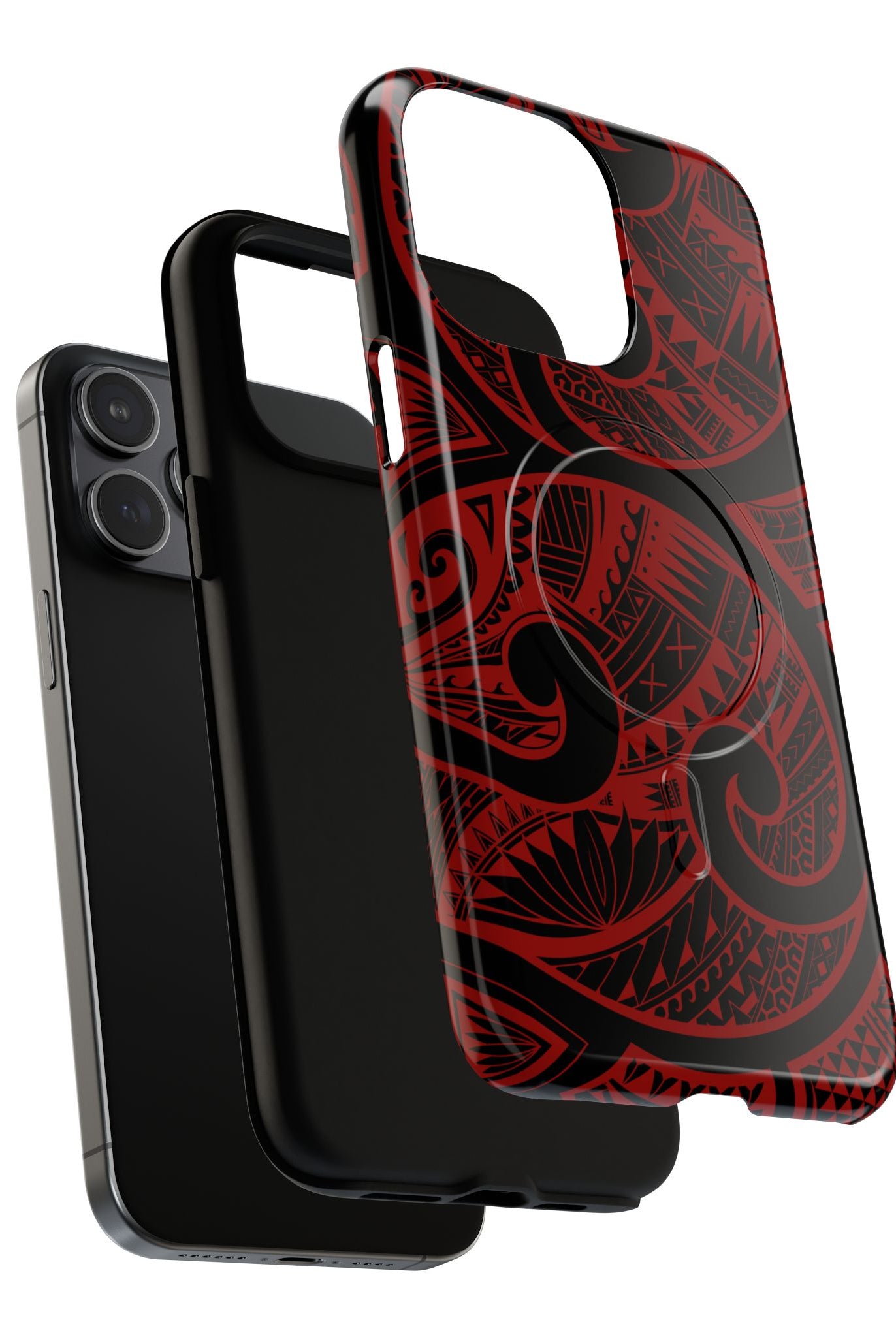 Woman holding Island Tribal MagSafe iPhone Case - Hawaiian Crimson Red Polynesian Tribal Design - The Local Banyan