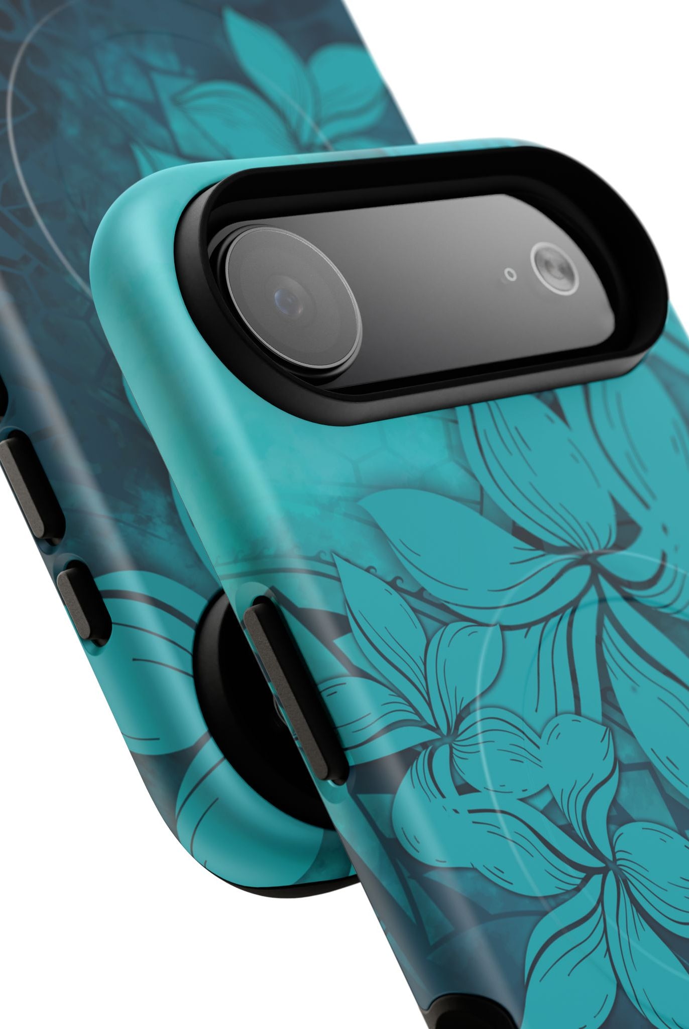 Moana Bloom MagSafe iPhone Case Detail View - Hawaiian Teal Plumeria Ocean Tribal Design Close Up - The Local Banyan