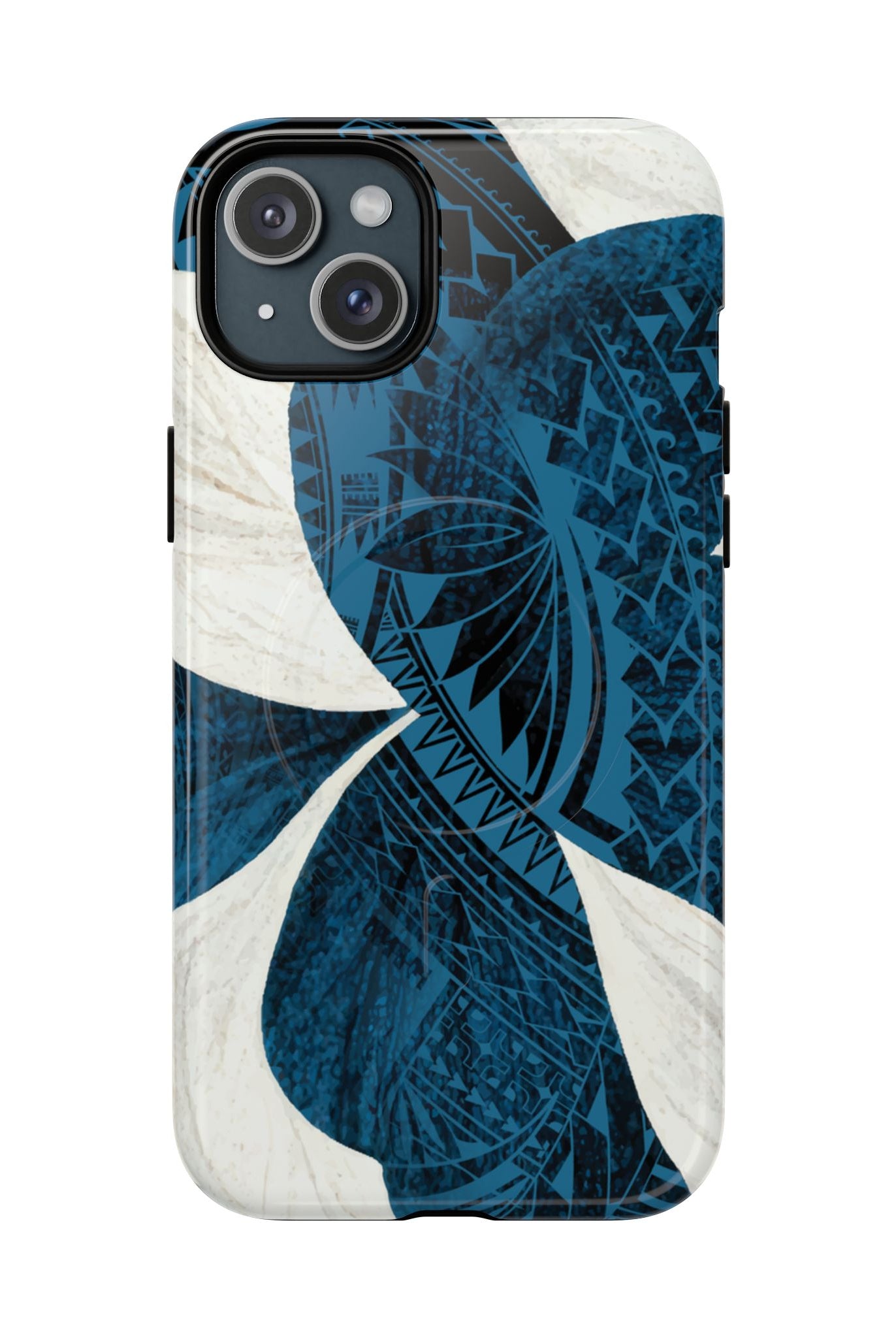 Hana Breeze MagSafe iPhone Case iPhone 15 Plus Glossy - Hawaiian Blue Plumeria Polynesian Botanical Design - The Local Banyan