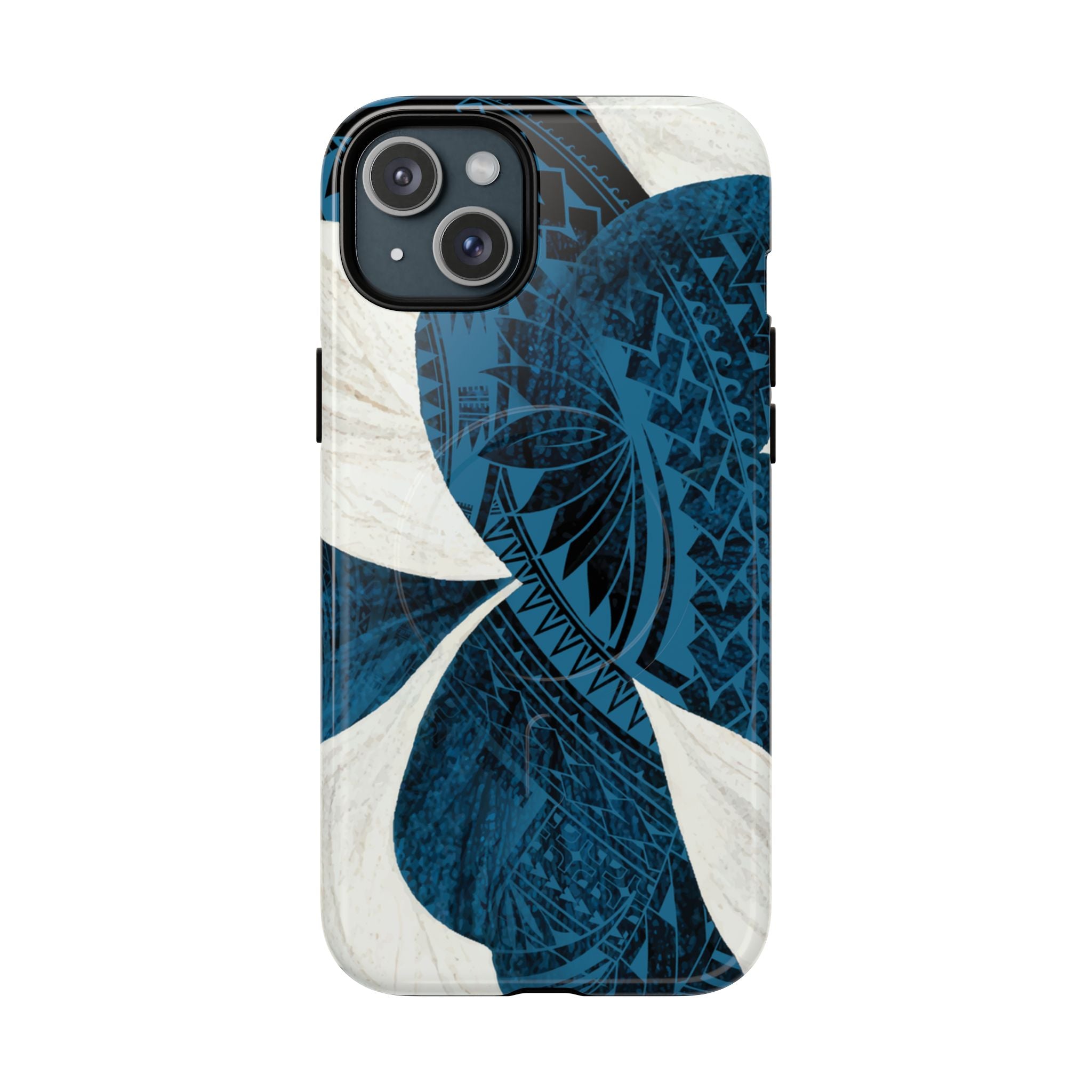 Hana Breeze MagSafe iPhone Case iPhone 15 Plus Glossy - Hawaiian Blue Plumeria Polynesian Botanical Design - The Local Banyan