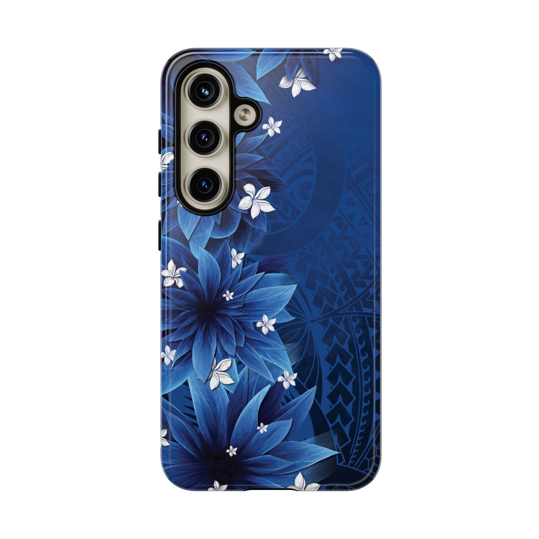 Woman holding Hoku Pua Tough Samsung Galaxy Case - Hawaiian Blue Star Flower Polynesian Design - The Local Banyan
