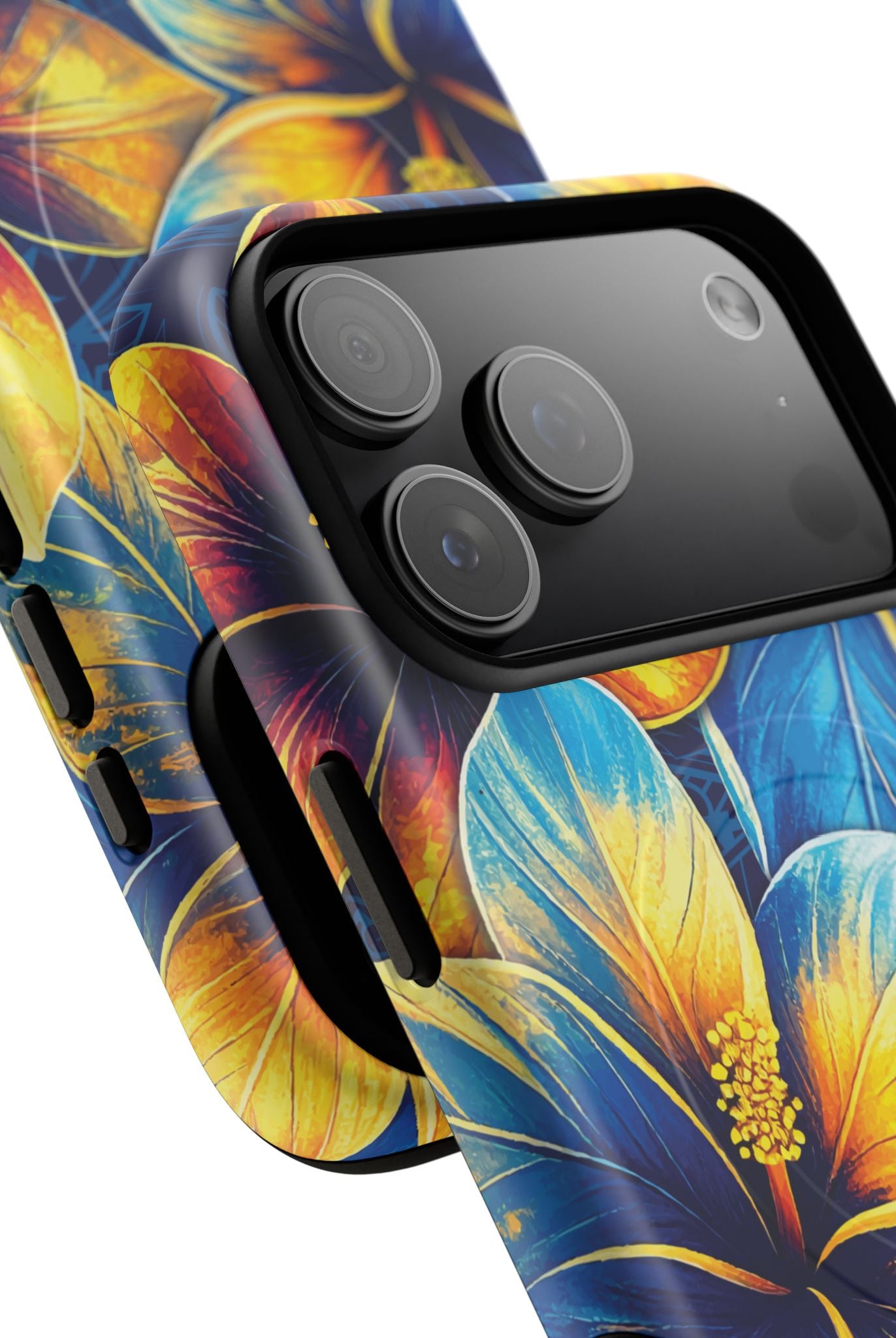 Pua La MagSafe iPhone Case Detail View - Hawaiian Golden Hibiscus Sun Flower Sapphire Design Close Up - The Local Banyan