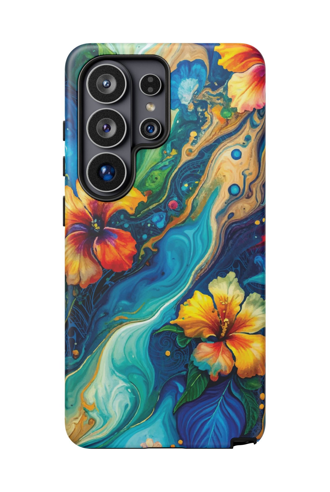 Woman holding Aloalo Drift Tough Samsung Galaxy Case - Hawaiian Hibiscus Teal Ocean Wave Design - The Local Banyan